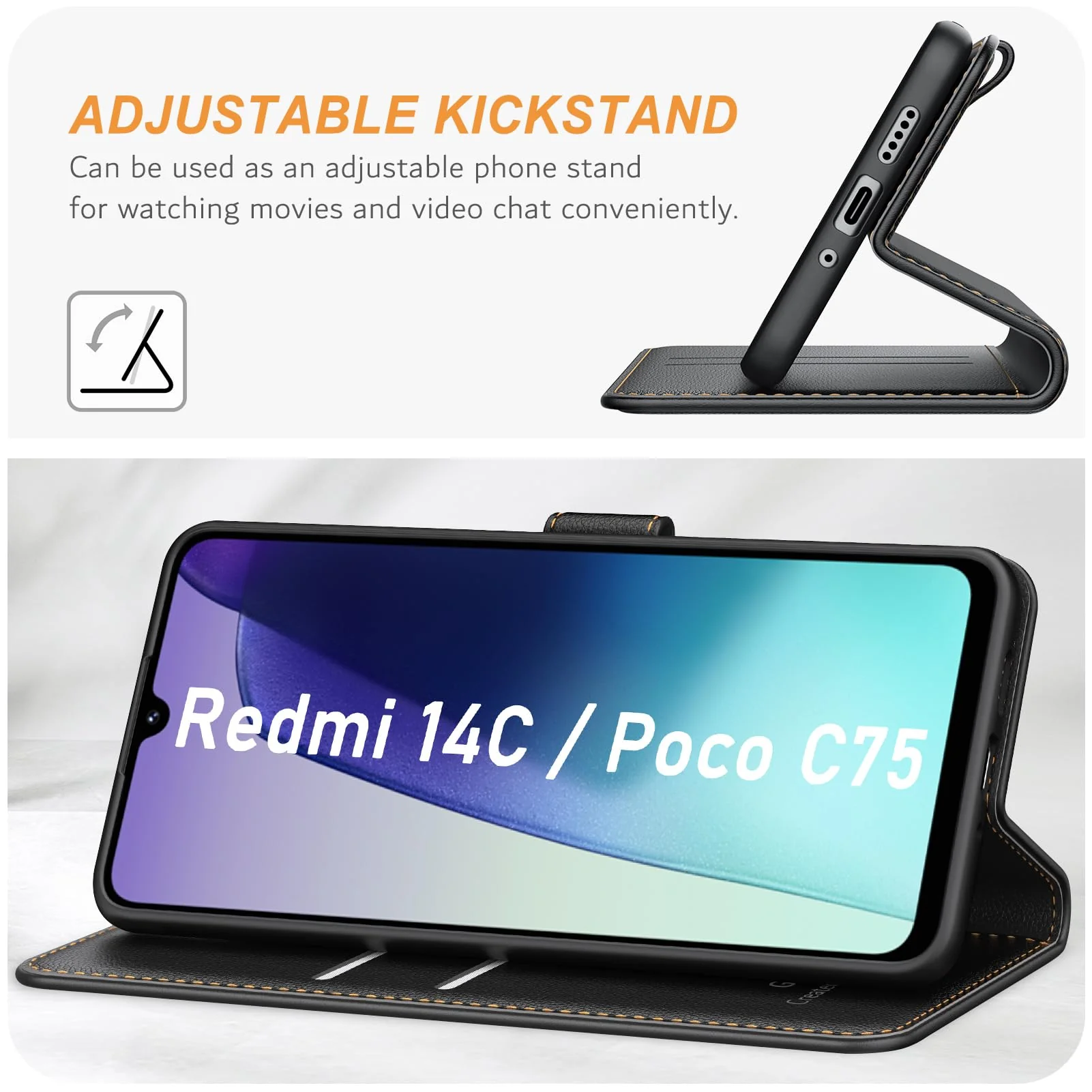 Ganbary Handyhülle für Xiaomi Redmi 14C / Poco C75 Hülle, Premium Leder Klapphülle [Kartenschlitzen] [Magnetverschluss] [Standfunktion] kompatibel mit Redmi 14C Schutzhülle, Schwarz - Image 7