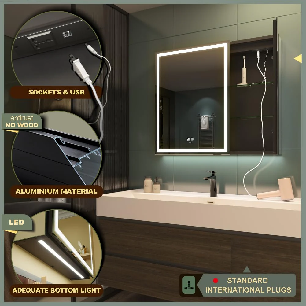 GANPE LED Beleuchtetes Badezimmer Medizin Spiegel Schrank mit Doppelter Tür, Defog, Stufenloses Dimmen, Speicher 3-Farben Modus, Speicher Regale, Steckdosen & USBs (70 x 75 cm) - Image 10