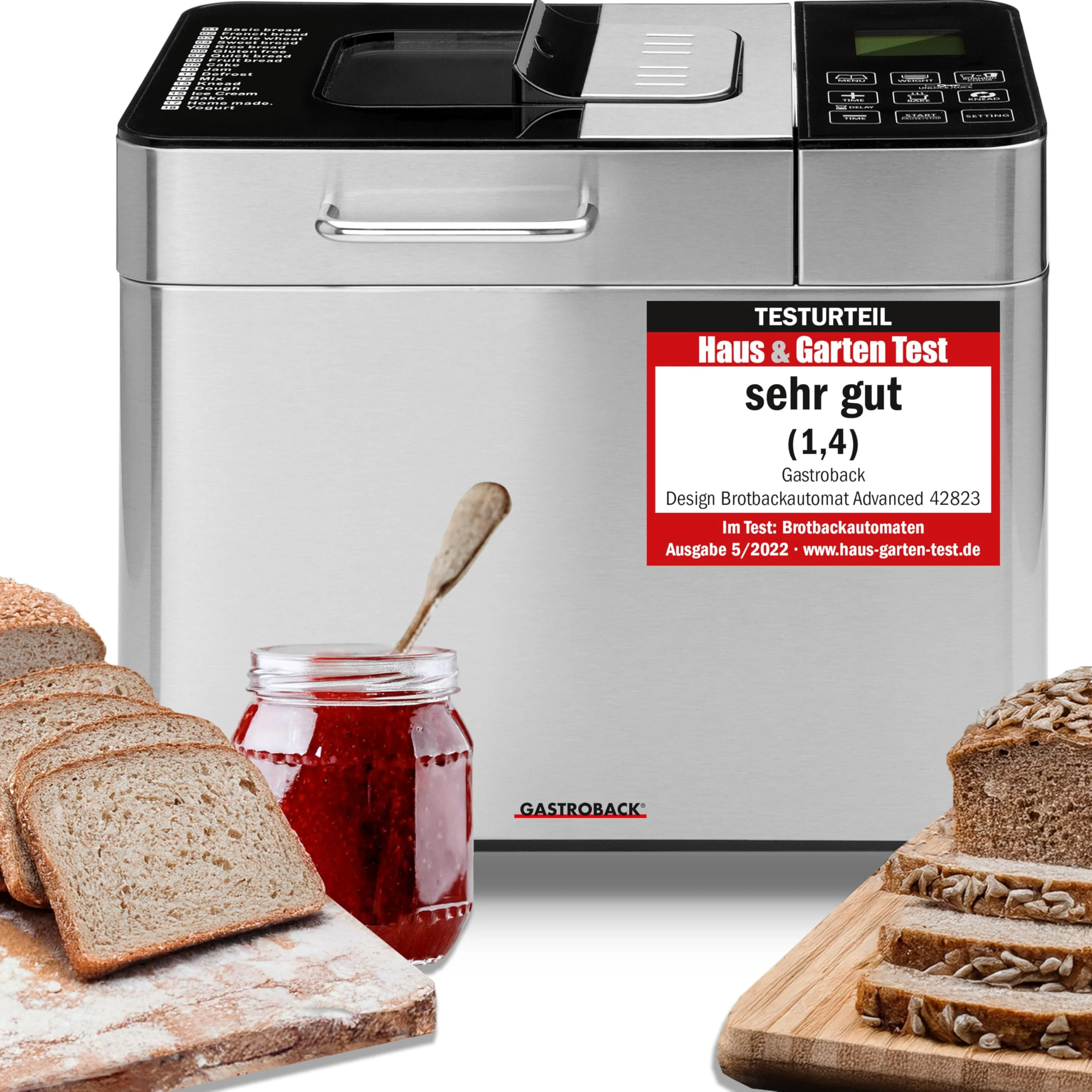 GASTROBACK Brotbackautomat Advance - Vollautomatische Brotbackmaschine + 18 Programmen inkl. Joghurtmaschine, Timer-Funktion, Zutatenfach, Sichtfenster, Brotautomat / Backmaschine in Edelstahl Optik - Image 6