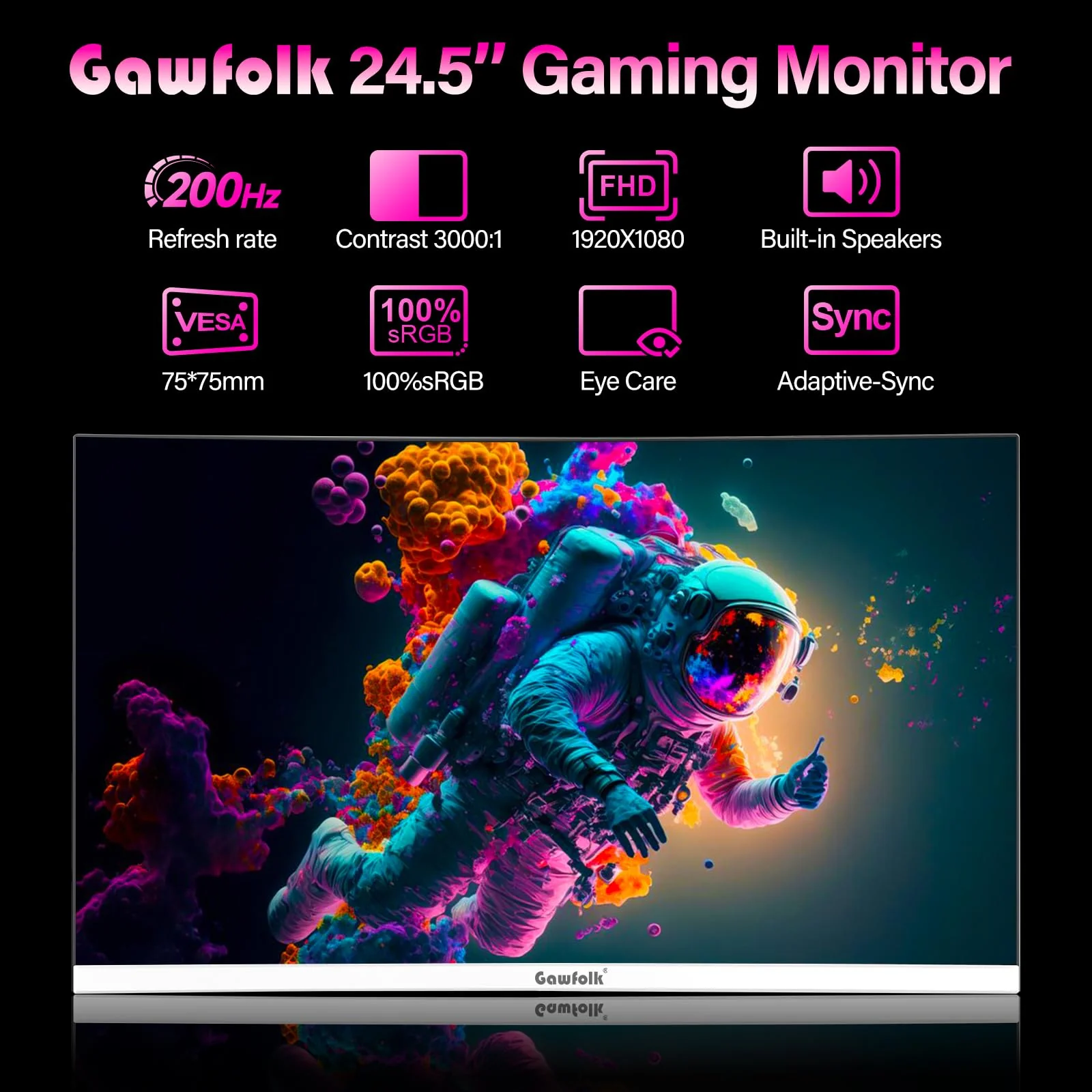 Gawfolk 24,5 Zoll Gaming Monitor mit Lautsprechern, 200 Hz PC Bildschirm FHD 1080P Rahmenlose Computermonitore, DisplayPort, HDMI, Augenpflege - Image 6