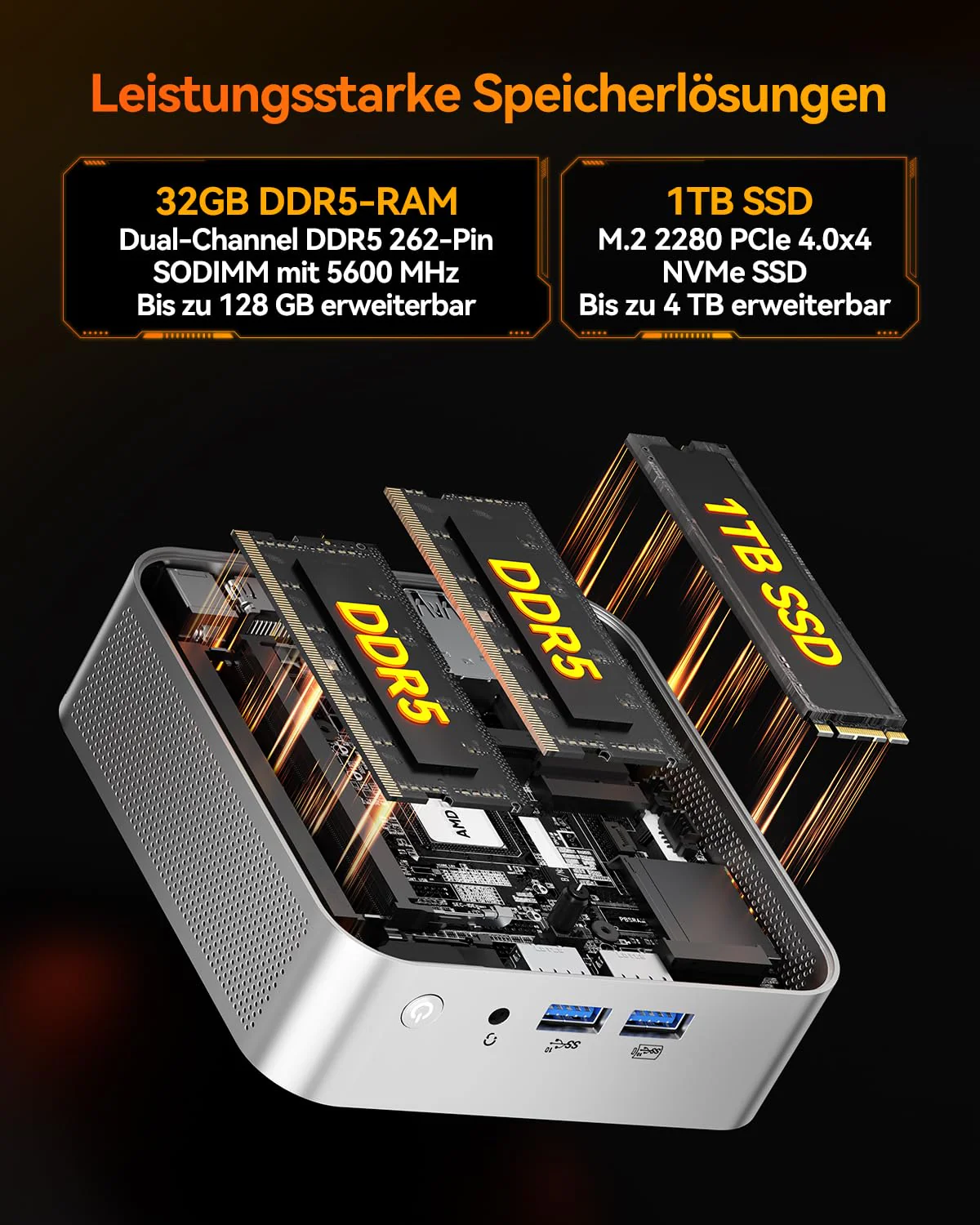 GEEKOM A8 [Die besten Office Mini-PCs] Mini PC mit AMD Ryzen 7 8745HS(3-Jahren-Garantie), 32GB DDR5 & 1TB SSD Windows 11 Pro Mini Computer, AMD Radeon 780M | 6X USB | 8K | für Homeoffice - Image 4