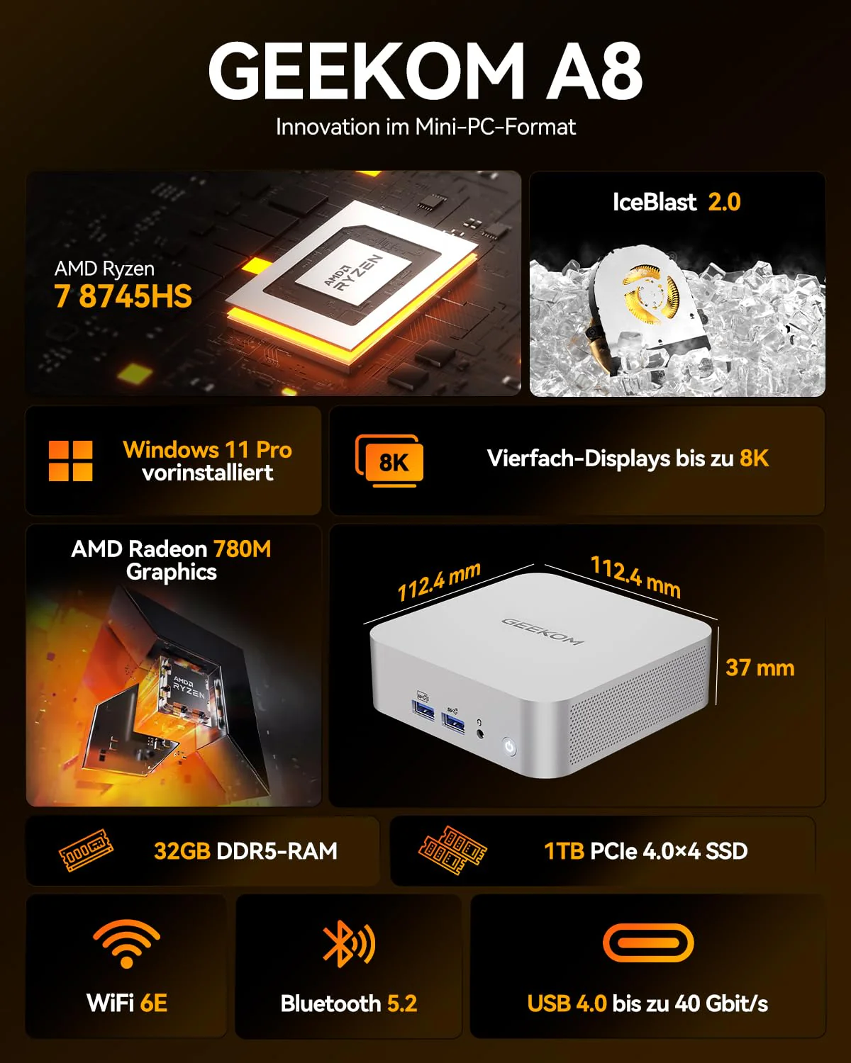 GEEKOM A8 [Die besten Office Mini-PCs] Mini PC mit AMD Ryzen 7 8745HS(3-Jahren-Garantie), 32GB DDR5 & 1TB SSD Windows 11 Pro Mini Computer, AMD Radeon 780M | 6X USB | 8K | für Homeoffice - Image 9