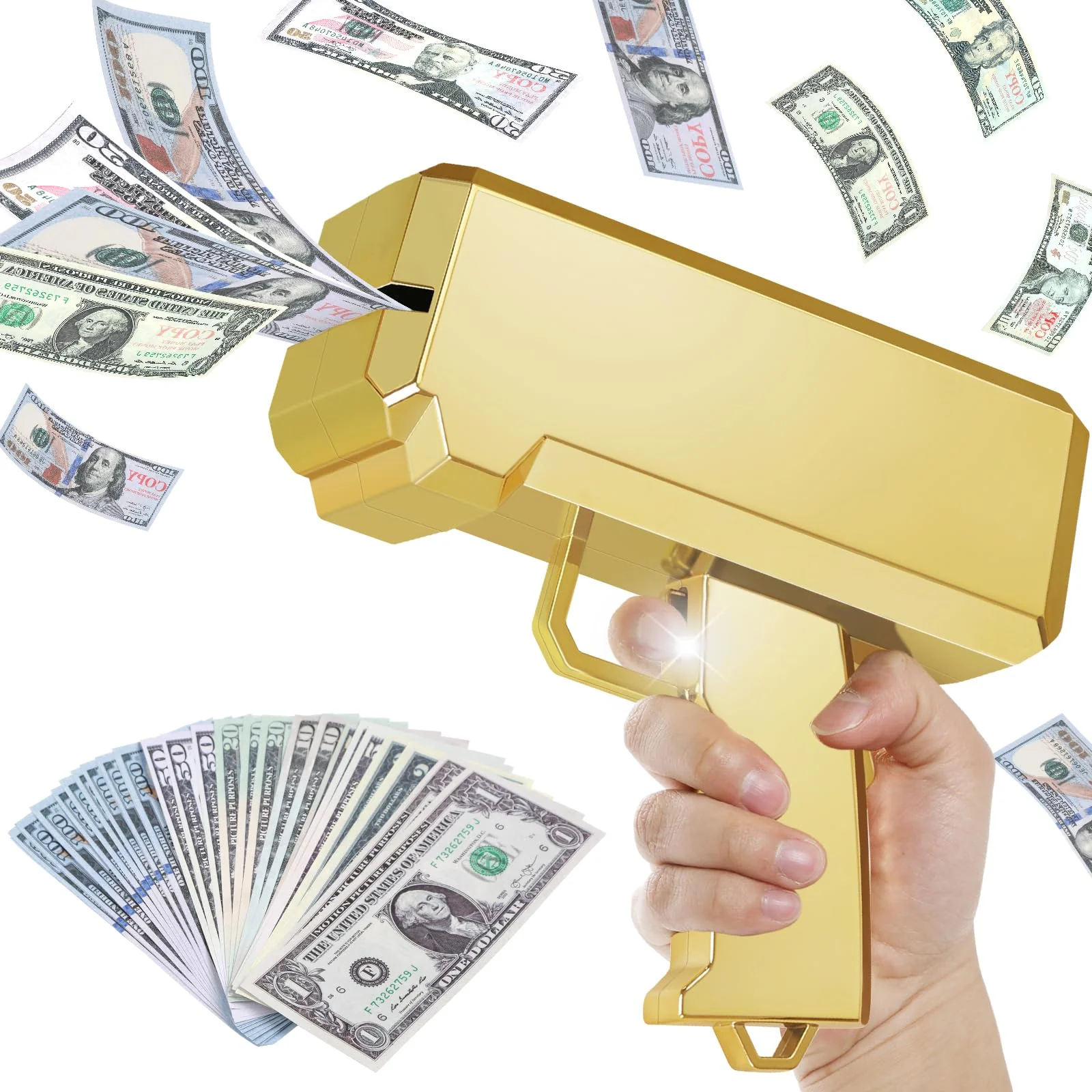 Geld Pistole Shooter mit 101 Requisitengeld, Spielzeugpistole, die Geld für Spielfilme Party sprühen, Handgehaltene Geldpistole Gefälschte Pistole (Gold)