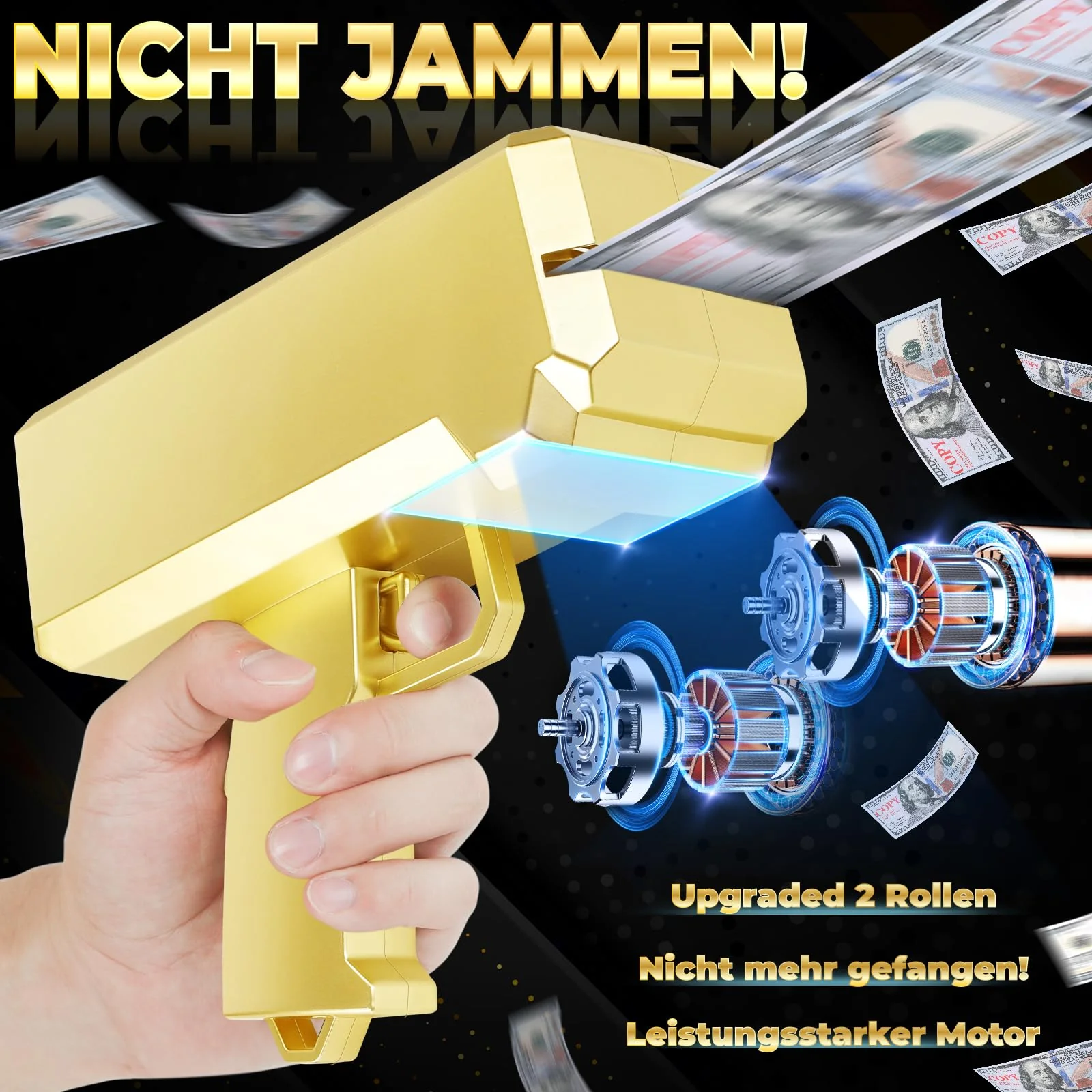 Geld Pistole Shooter mit 101 Requisitengeld, Spielzeugpistole, die Geld für Spielfilme Party sprühen, Handgehaltene Geldpistole Gefälschte Pistole (Gold) - Image 4