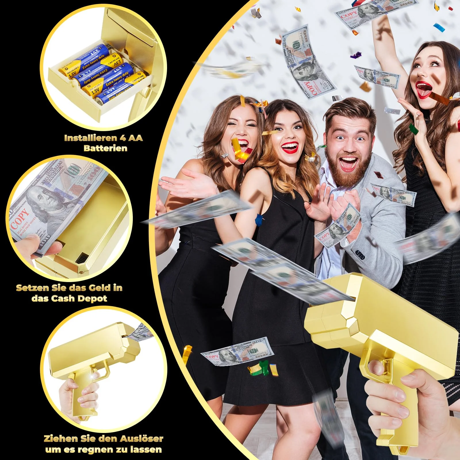 Geld Pistole Shooter mit 101 Requisitengeld, Spielzeugpistole, die Geld für Spielfilme Party sprühen, Handgehaltene Geldpistole Gefälschte Pistole (Gold) - Image 5
