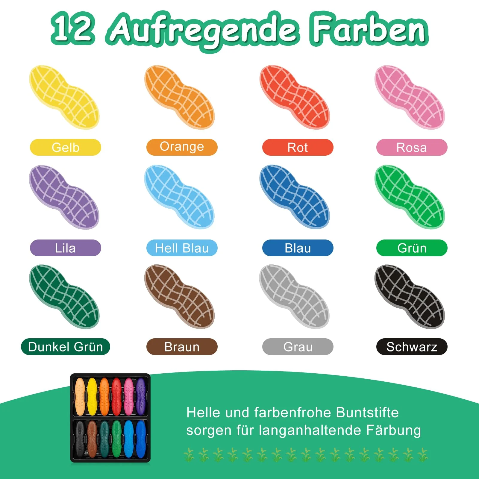 Gemtte Erdnuss Wachsmalstifte ab 1 Jahr für Kleinkinder, 12 Farben Kleinkinder Buntstifte, Baby Stifte Ungiftig, Leicht zu Halten, Waschbare Sichere Kreuzform Kleinkindmalstifte für Kinder Malzubehör - Image 6