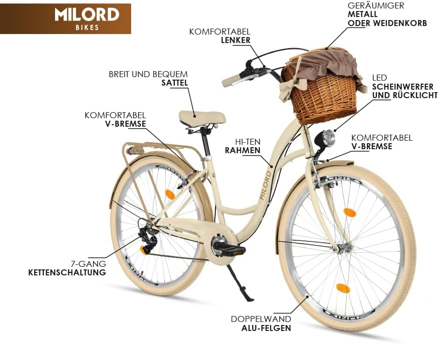 Generic Komfort Fahrrad Citybike Mit Weidenkorb Damenfahrrad Hollandrad, 28 Zoll, Creme-Braun, 7-Gang Shimano - Image 6