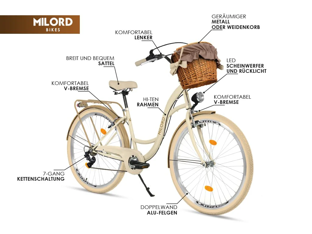 Generic Komfort Fahrrad Citybike Mit Weidenkorb Damenfahrrad Hollandrad, 28 Zoll, Creme-Braun, 7-Gang Shimano - Image 9