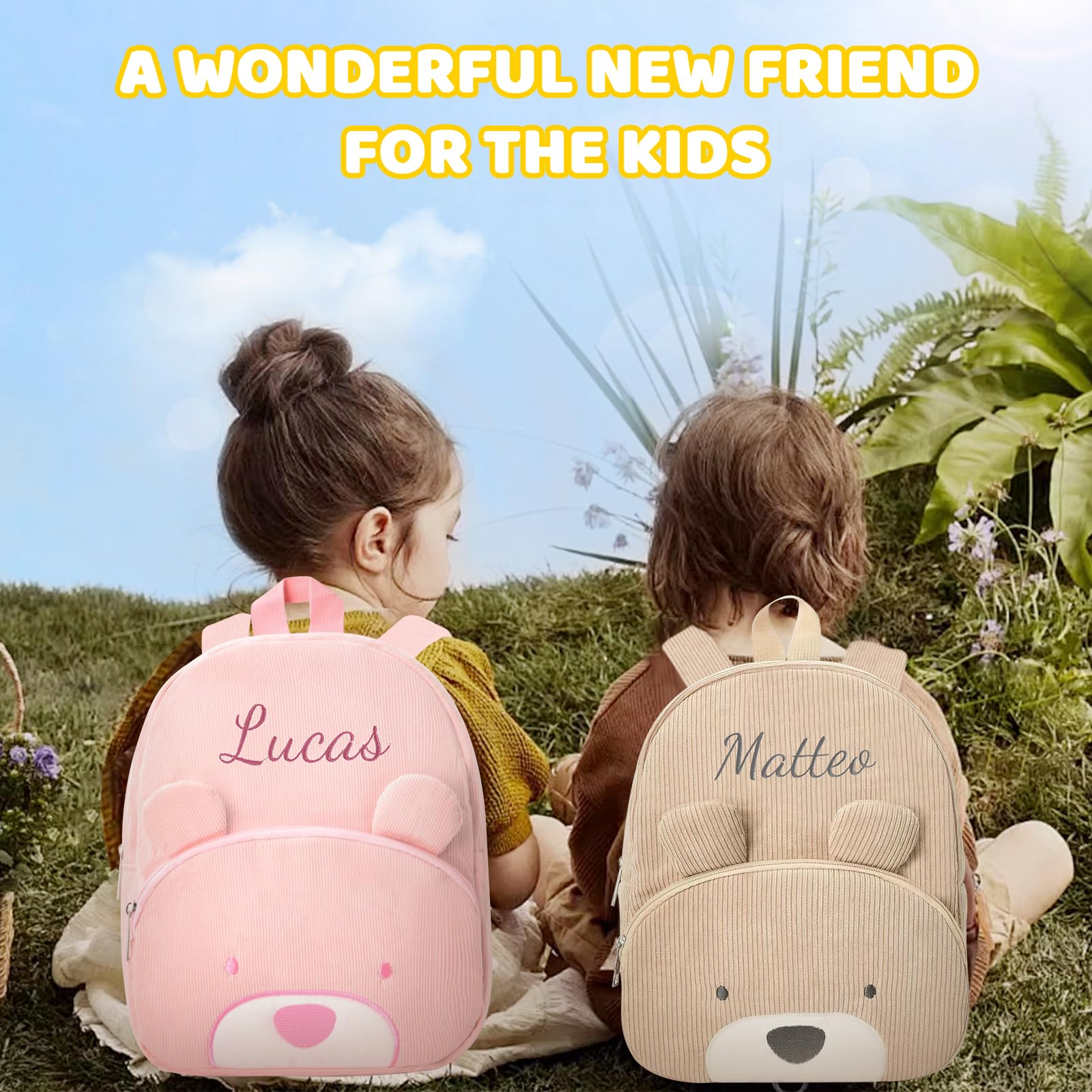 Generisch Personalisierte Kinder Rucksack, Gestickt Rucksack Kleinkind Mit Namen, Kordsamt Kindergartenrucksack Mädchen Und Jungen, Baby Rucksack Kita Für Schule Und Reise 24cm × 31cm (Khaki) - Image 4