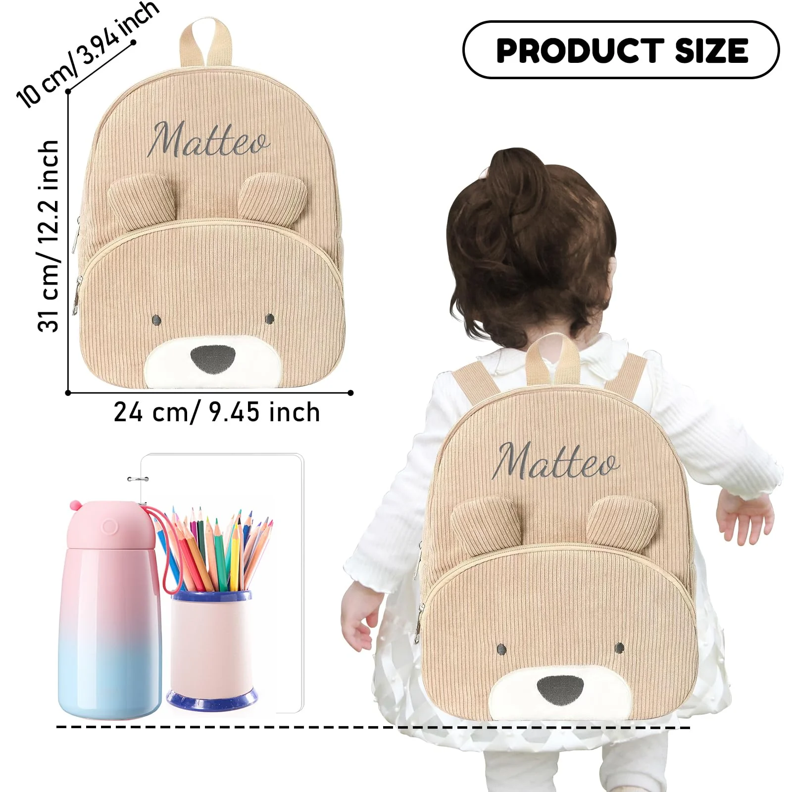 Generisch Personalisierte Kinder Rucksack, Gestickt Rucksack Kleinkind Mit Namen, Kordsamt Kindergartenrucksack Mädchen Und Jungen, Baby Rucksack Kita Für Schule Und Reise 24cm × 31cm (Khaki) - Image 6