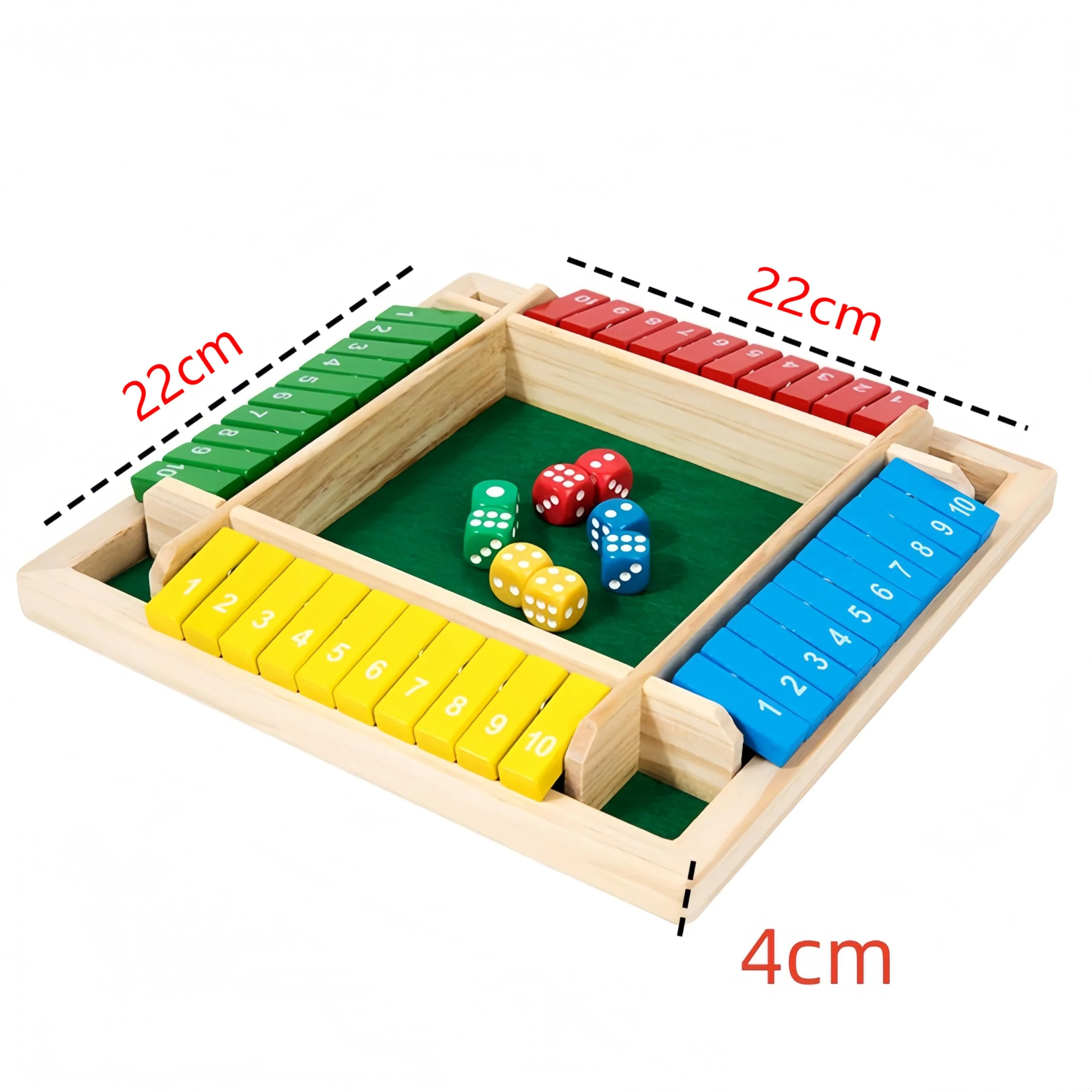 Generisch Shut The Box Würfelspiel aus Holz, 22 x 22 x 4 cm, für 4 Spieler, Mehrfarbig mit Zahlenleisten - Image 6