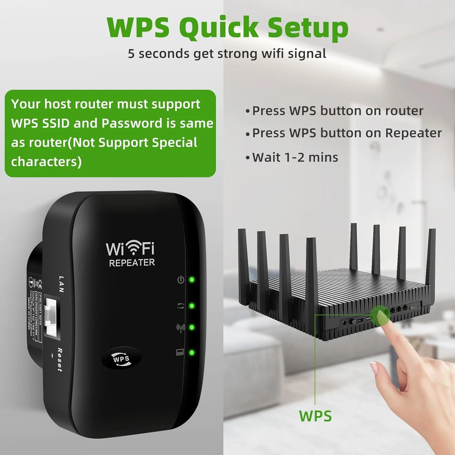 Genie's Poems WLAN Verstärker WLAN Repeater, WLAN - Verstärker mit WPS, Internet Verstärker 300Mbit/s 2.4GHz mit Ethernet Port, Kompatibel Allen WLAN Geräten, Schwarz-G-L5D9A - Image 8