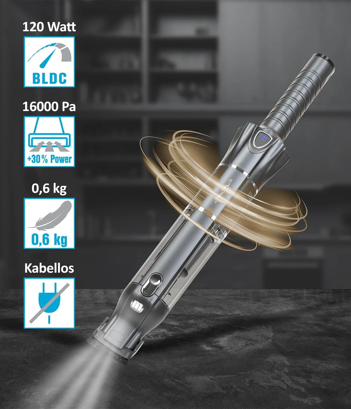 Genius Invictus One 3.0 A28340, Akkustaubsauger, schwarz Silber, 120 W, 100 milliliters, 74 Dezibel - Image 3
