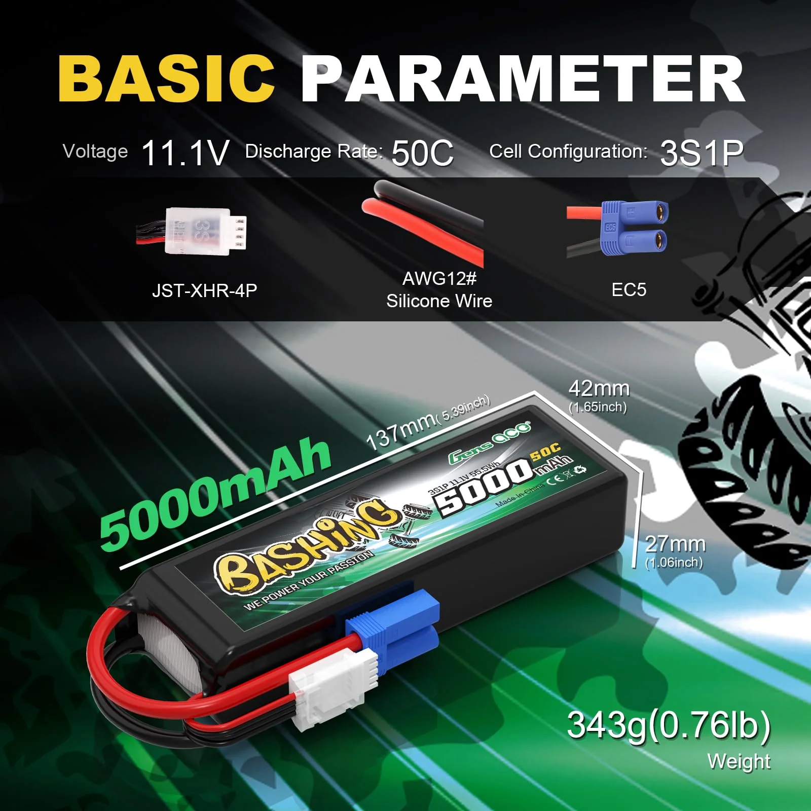 Gens ace 3S Lipo 5000mAh 11.1V 3S1P 50C Bashing Lipo Akku mit EC5 Stecker für die meisten RC-Autos im Maßstab 1/8, 1/10 - Image 5