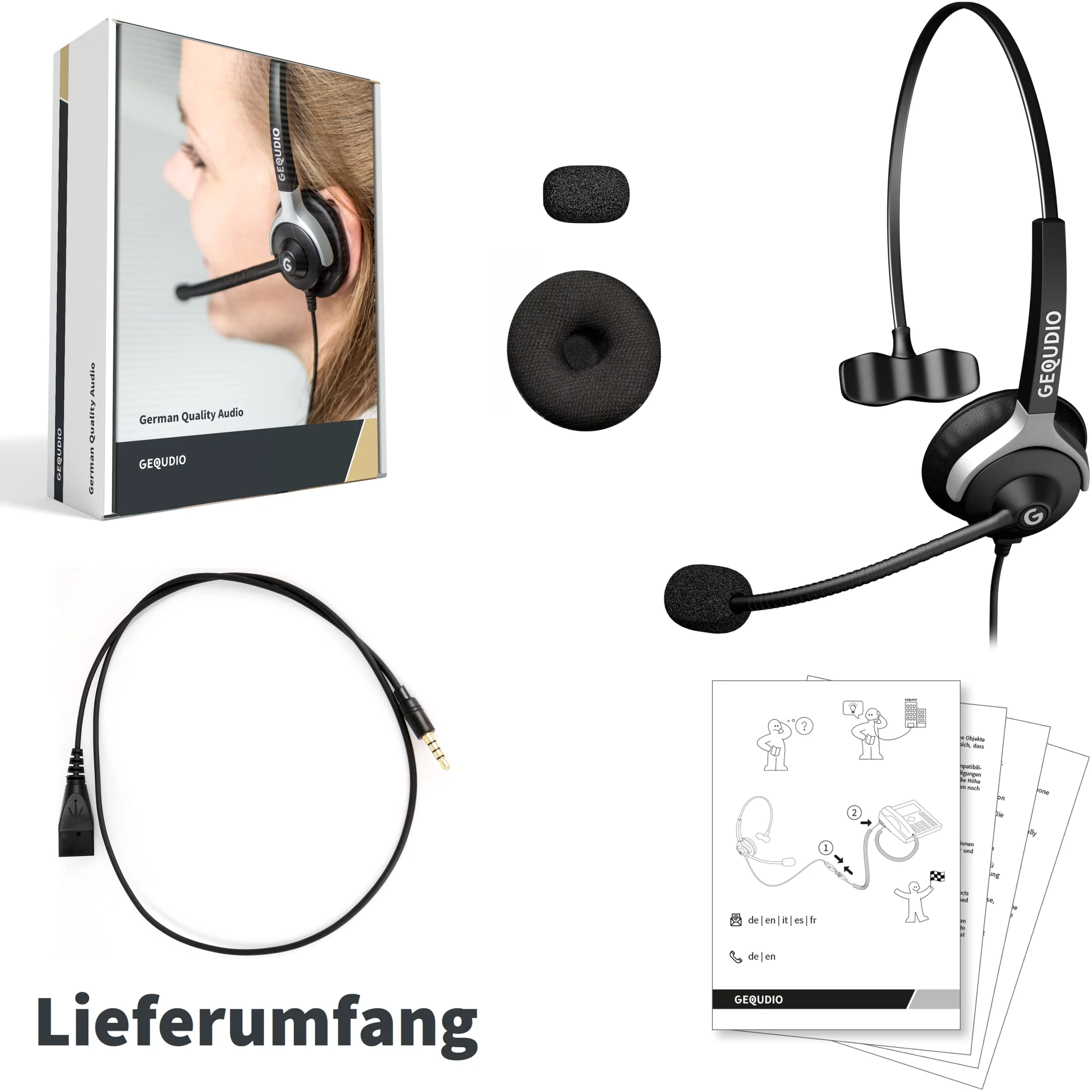 GEQUDIO Headset mit 3,5mm Klinke kompatibel mit FritzFon C6, X6, MacBook, Smartphone, Speedphone, Notebook, PC, Laptop - Kopfhörer & Mikrofon mit Ersatz Polster - leicht 60g (1-Ohr) - Image 5