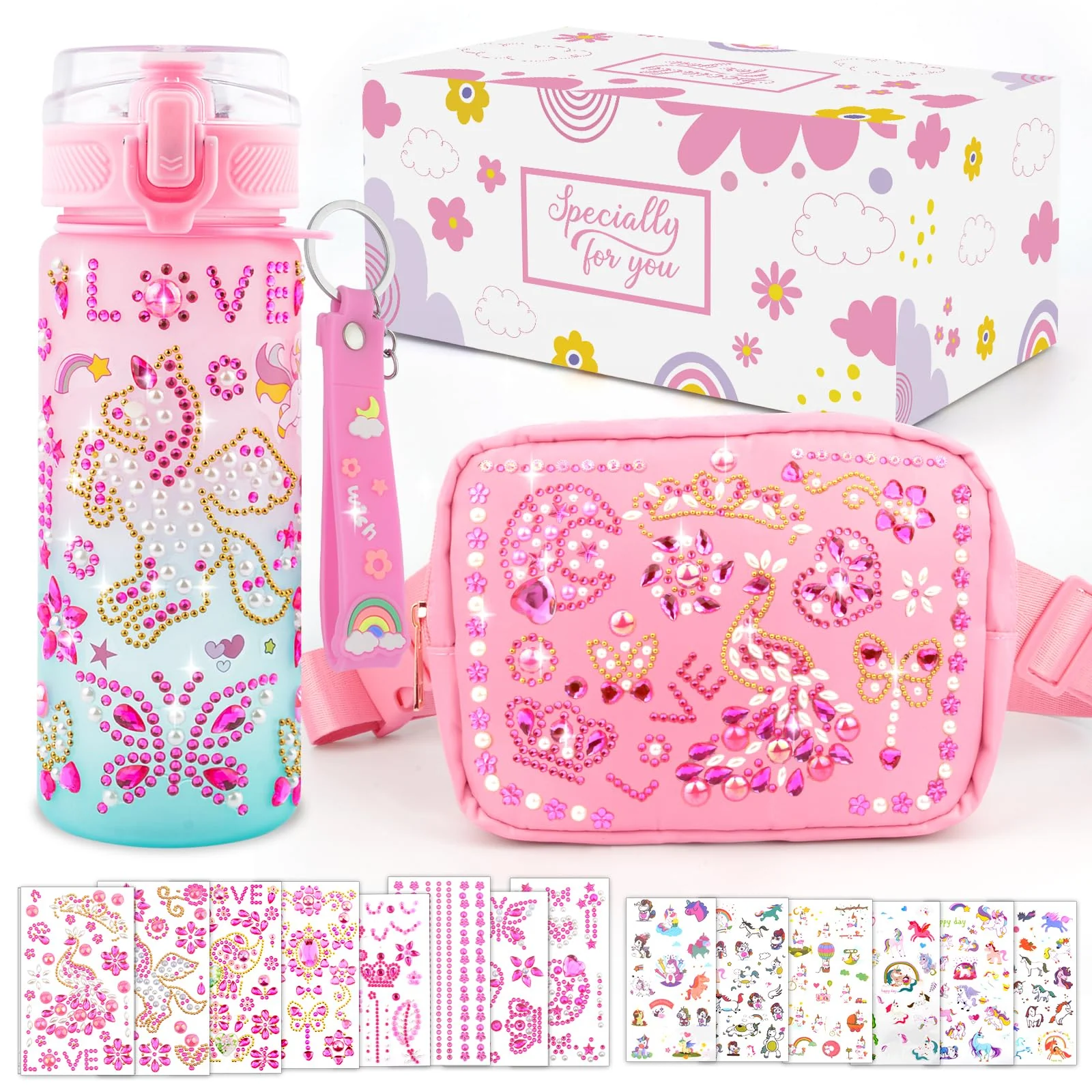 Geschenk Mädchen 4 5 6 7 8 9 10 11 12 Jahre, Weihnachten Geschenke für Mädchen DIY Trinkflasche und Umhängetasche, Bastelset Kinder Selbst Gestalten Trinkflasche Tasche mit Edelstein & Aufklebern