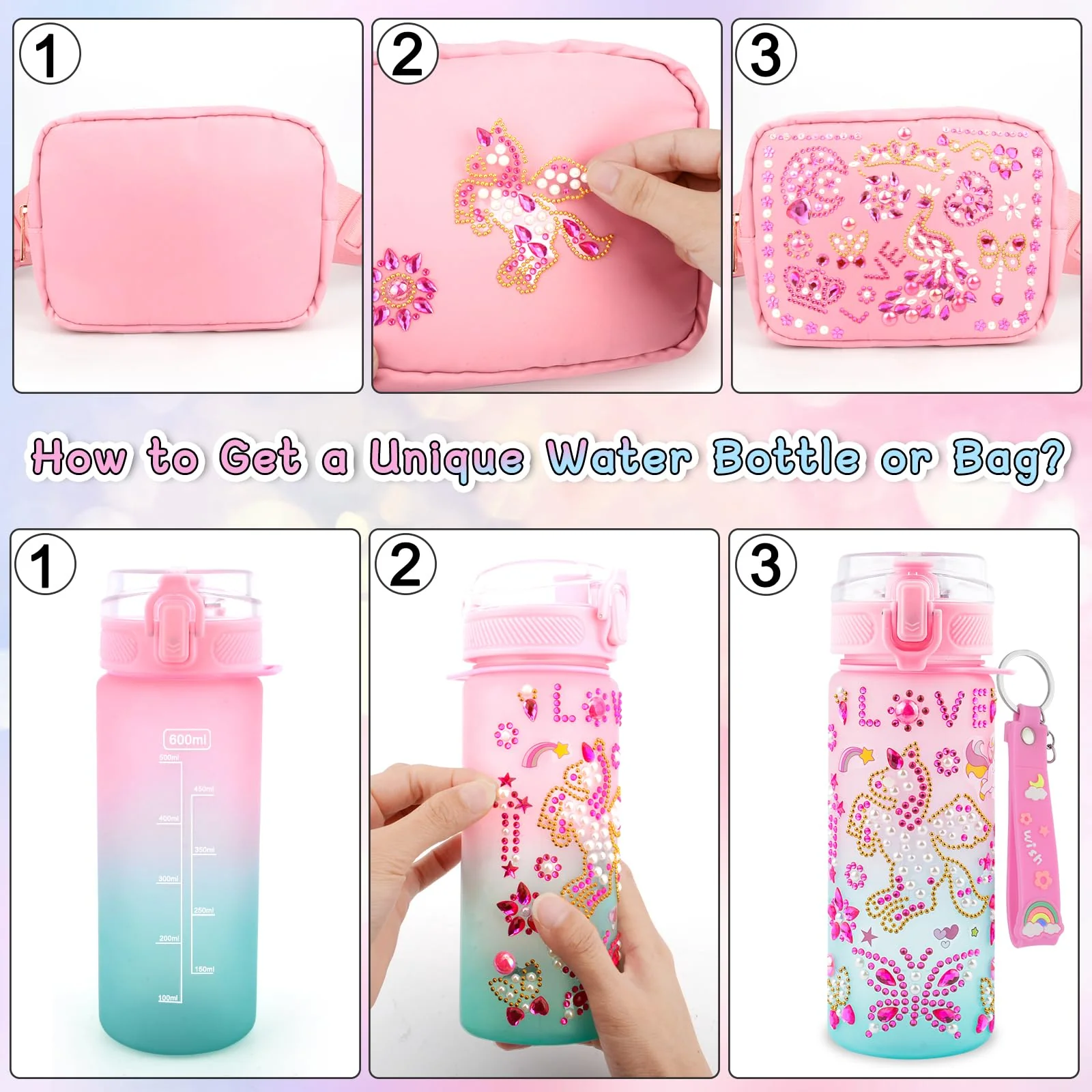 Geschenk Mädchen 4 5 6 7 8 9 10 11 12 Jahre, Weihnachten Geschenke für Mädchen DIY Trinkflasche und Umhängetasche, Bastelset Kinder Selbst Gestalten Trinkflasche Tasche mit Edelstein & Aufklebern - Image 3
