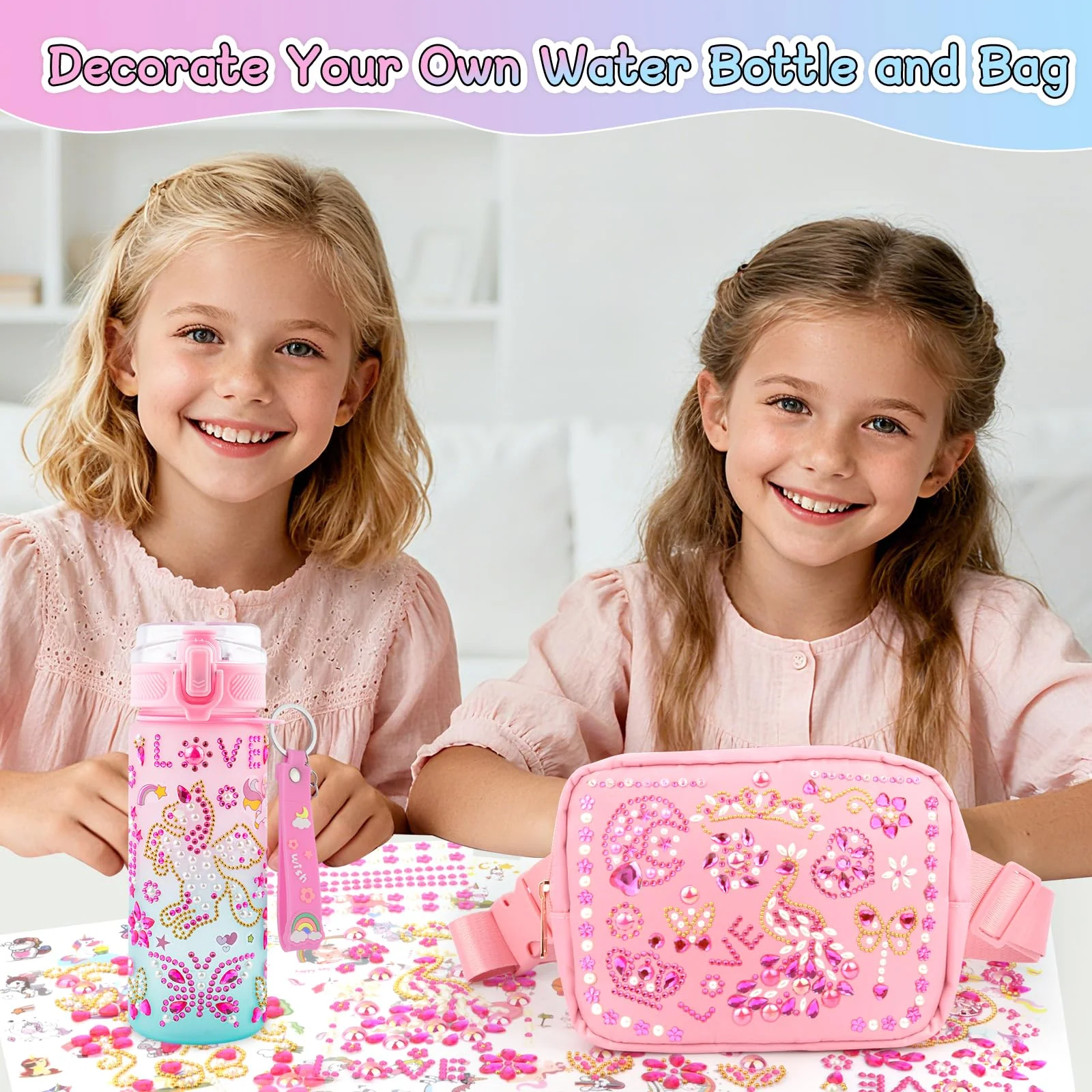 Geschenk Mädchen 4 5 6 7 8 9 10 11 12 Jahre, Weihnachten Geschenke für Mädchen DIY Trinkflasche und Umhängetasche, Bastelset Kinder Selbst Gestalten Trinkflasche Tasche mit Edelstein & Aufklebern - Image 4
