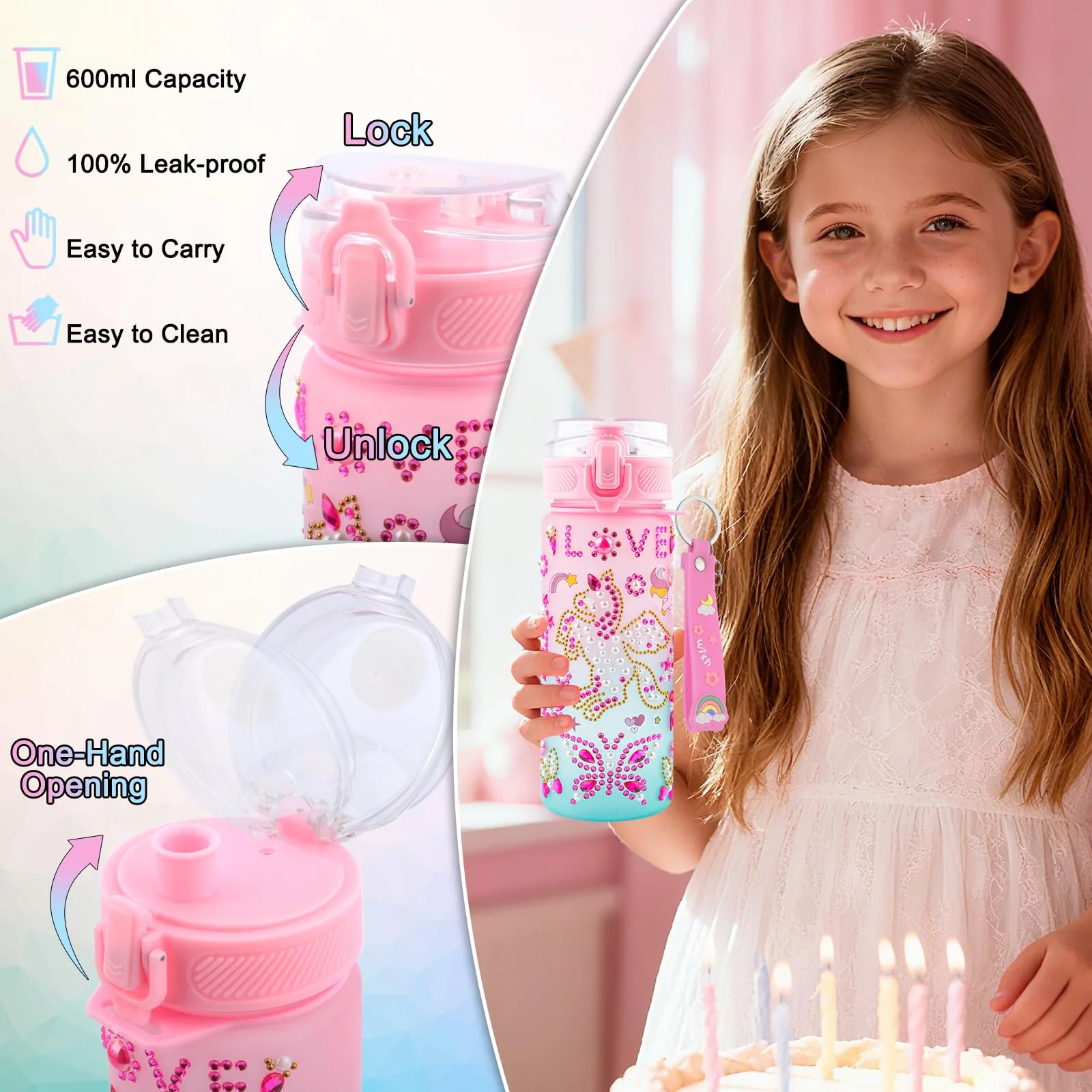 Geschenk Mädchen 4 5 6 7 8 9 10 11 12 Jahre, Weihnachten Geschenke für Mädchen DIY Trinkflasche und Umhängetasche, Bastelset Kinder Selbst Gestalten Trinkflasche Tasche mit Edelstein & Aufklebern - Image 5