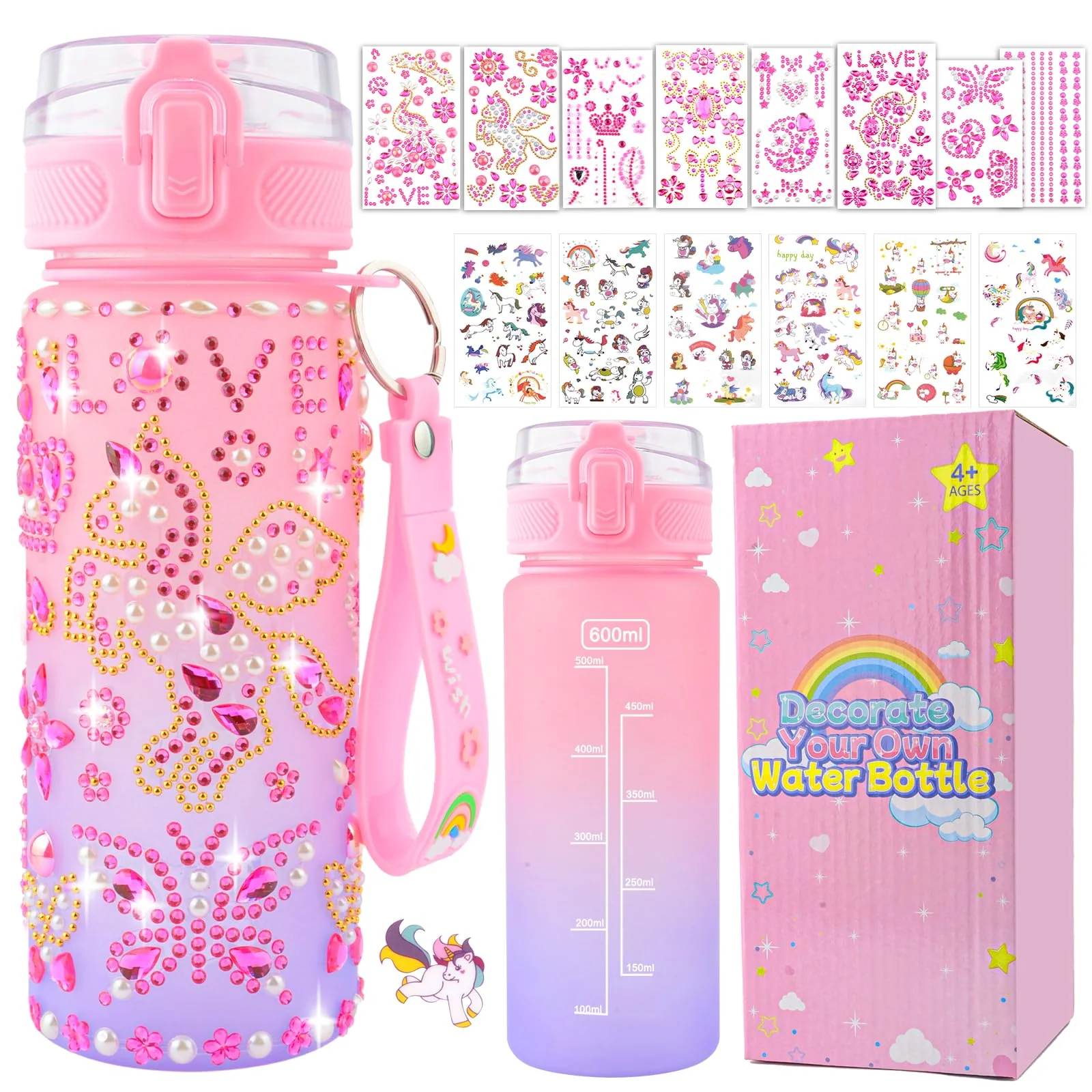 Geschenk Mädchen 5 6 7 8 9 10 11 Jahre, DIY Trinkflasche Basteln Einhorn, Weihnachten Geburtstag Geschenke für Mädchen 4-12 Jahre, Schule Wasserflaschen mit Glitzer Diamant Aufklebern Selbst Gestalten