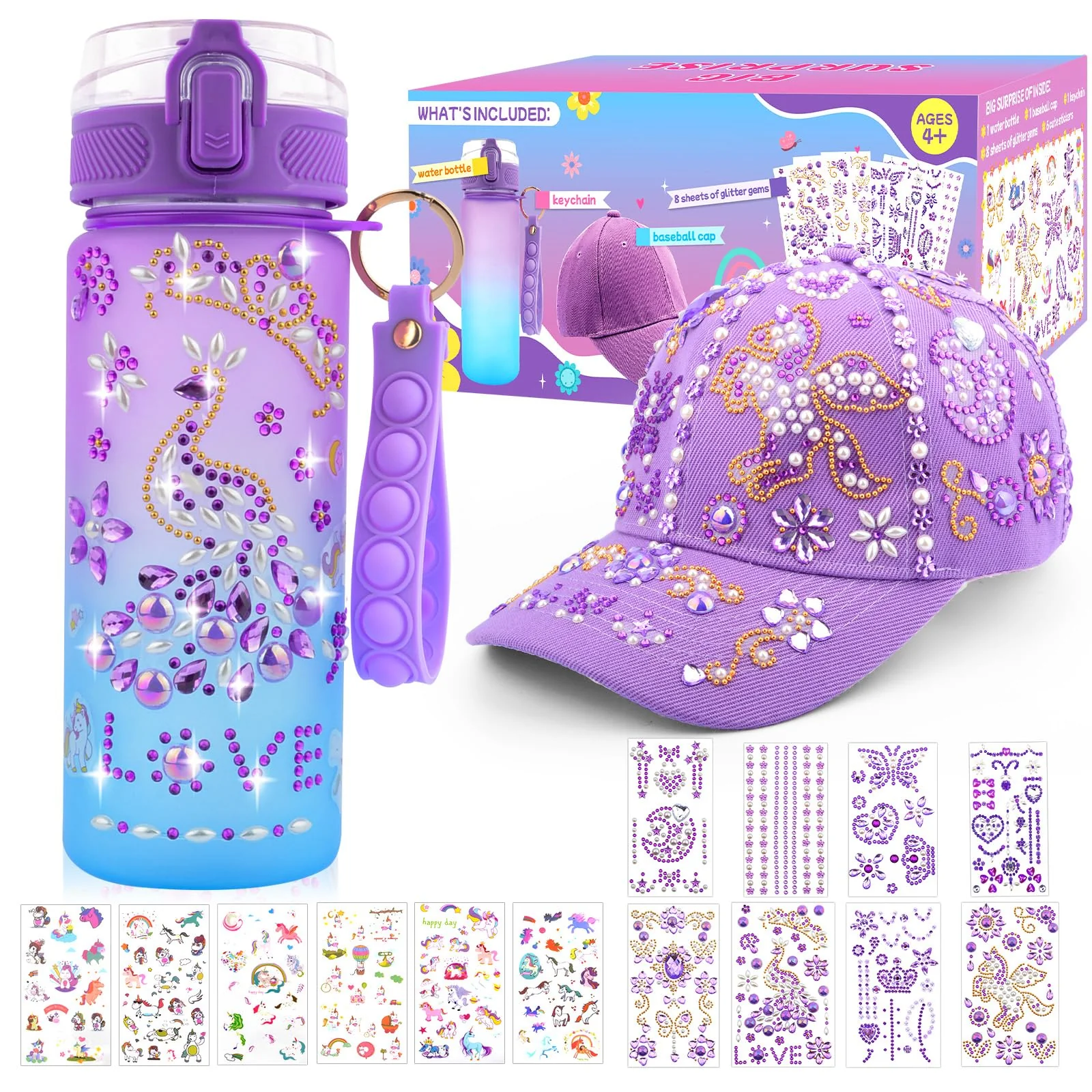 Geschenke für Mädchen 5 6 7 8 9 10 11 12 Jahre, DIY Trinkflasche und Baseballkappe Weihnachtsgeschenke für Mädchen Einhorn Aufkleber Selbst Gestalten Glitzer Edelstein Geburtstag Basteln, Lila