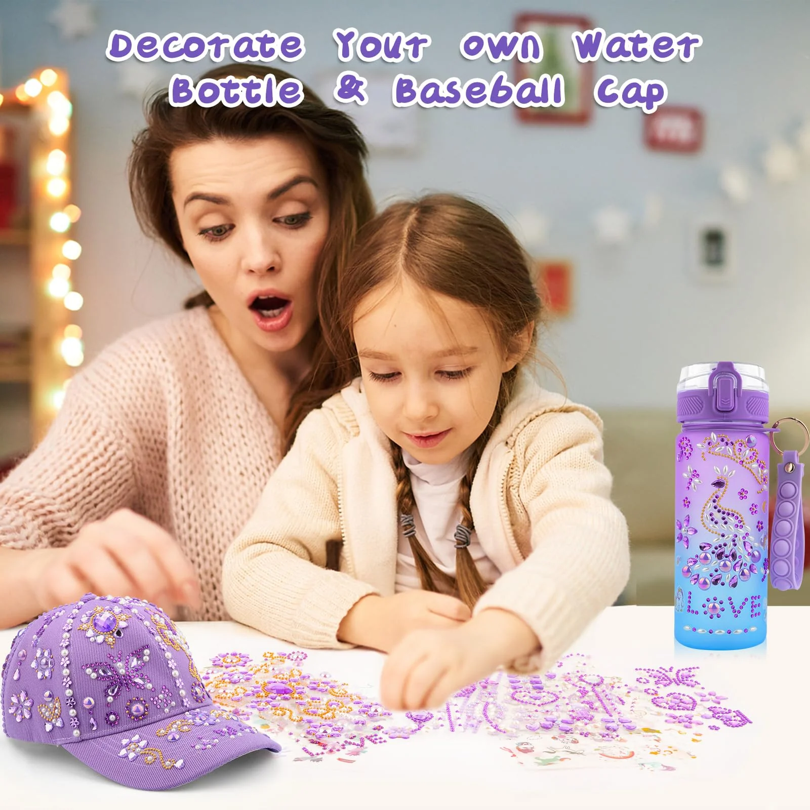 Geschenke für Mädchen 5 6 7 8 9 10 11 12 Jahre, DIY Trinkflasche und Baseballkappe Weihnachtsgeschenke für Mädchen Einhorn Aufkleber Selbst Gestalten Glitzer Edelstein Geburtstag Basteln, Lila - Image 2