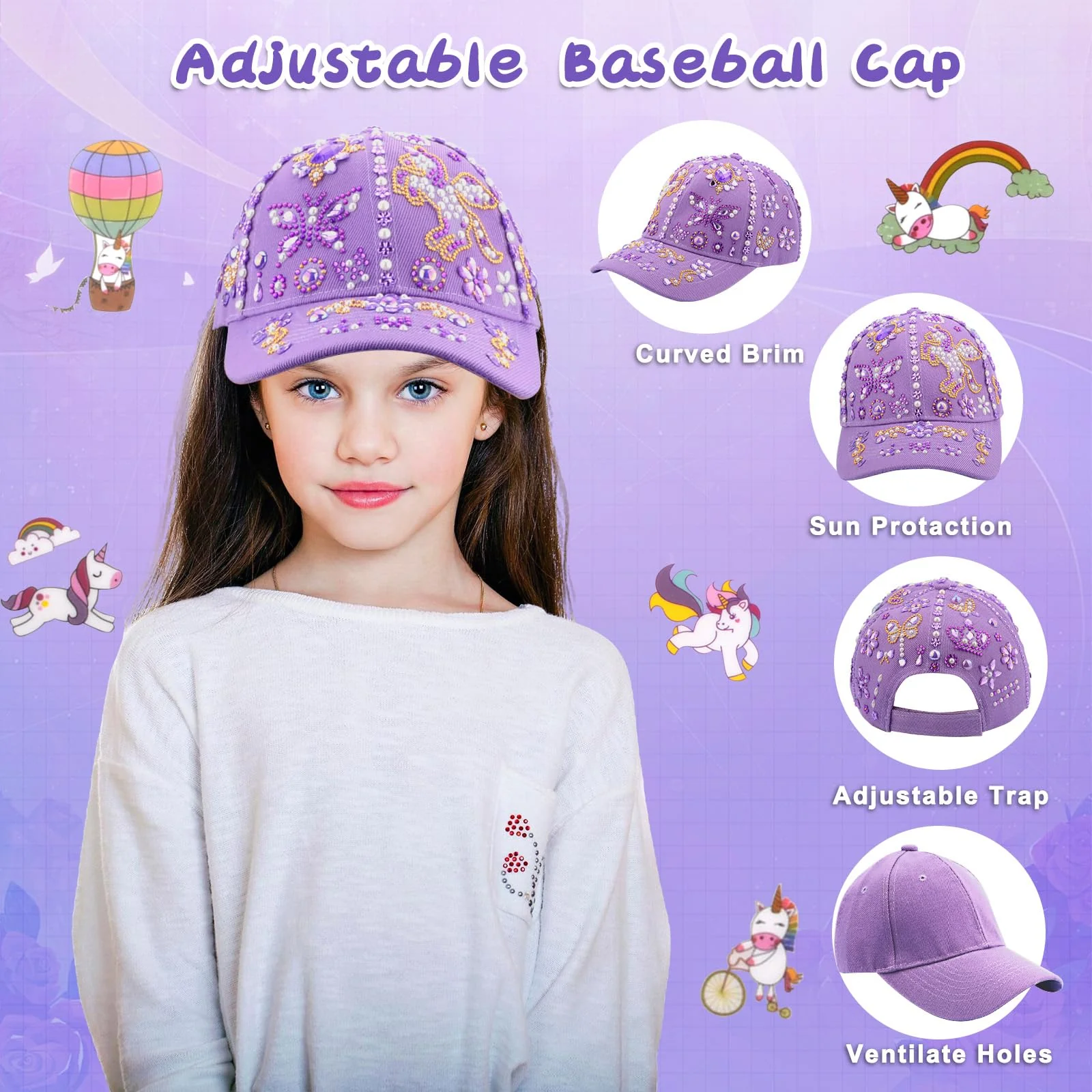 Geschenke für Mädchen 5 6 7 8 9 10 11 12 Jahre, DIY Trinkflasche und Baseballkappe Weihnachtsgeschenke für Mädchen Einhorn Aufkleber Selbst Gestalten Glitzer Edelstein Geburtstag Basteln, Lila - Image 5