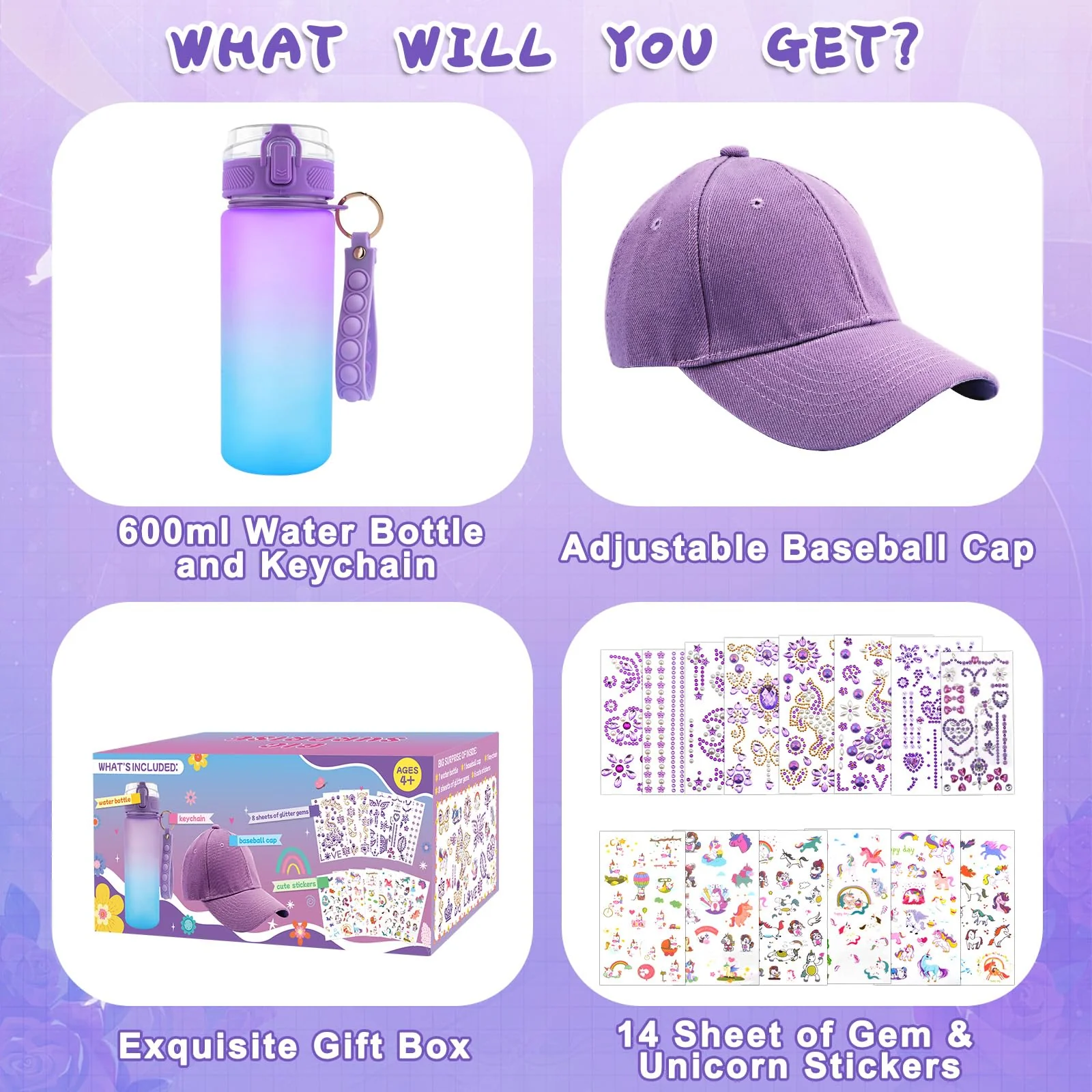Geschenke für Mädchen 5 6 7 8 9 10 11 12 Jahre, DIY Trinkflasche und Baseballkappe Weihnachtsgeschenke für Mädchen Einhorn Aufkleber Selbst Gestalten Glitzer Edelstein Geburtstag Basteln, Lila - Image 6