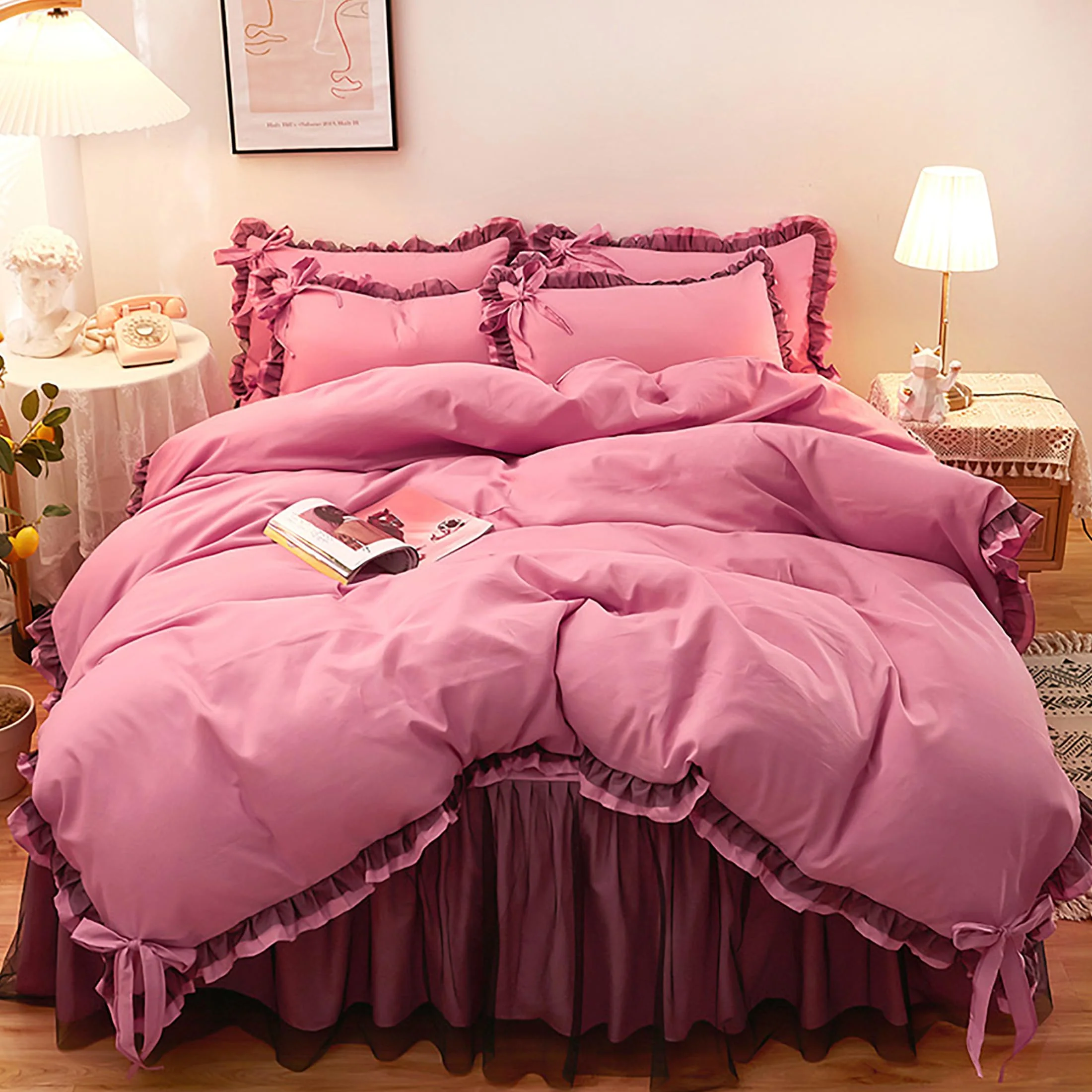 GETIYA Dunkelrosa Einfarbig Bettwäsche 135x200 Rüschen Bettwäsche Rosa Mädchen Damen Bettbezug mit Schleife Mikrofaser Bettwäsche Einzelbett Rüschen Deckenbezug mit 1 Kissenbezug 80x80 - Image 2