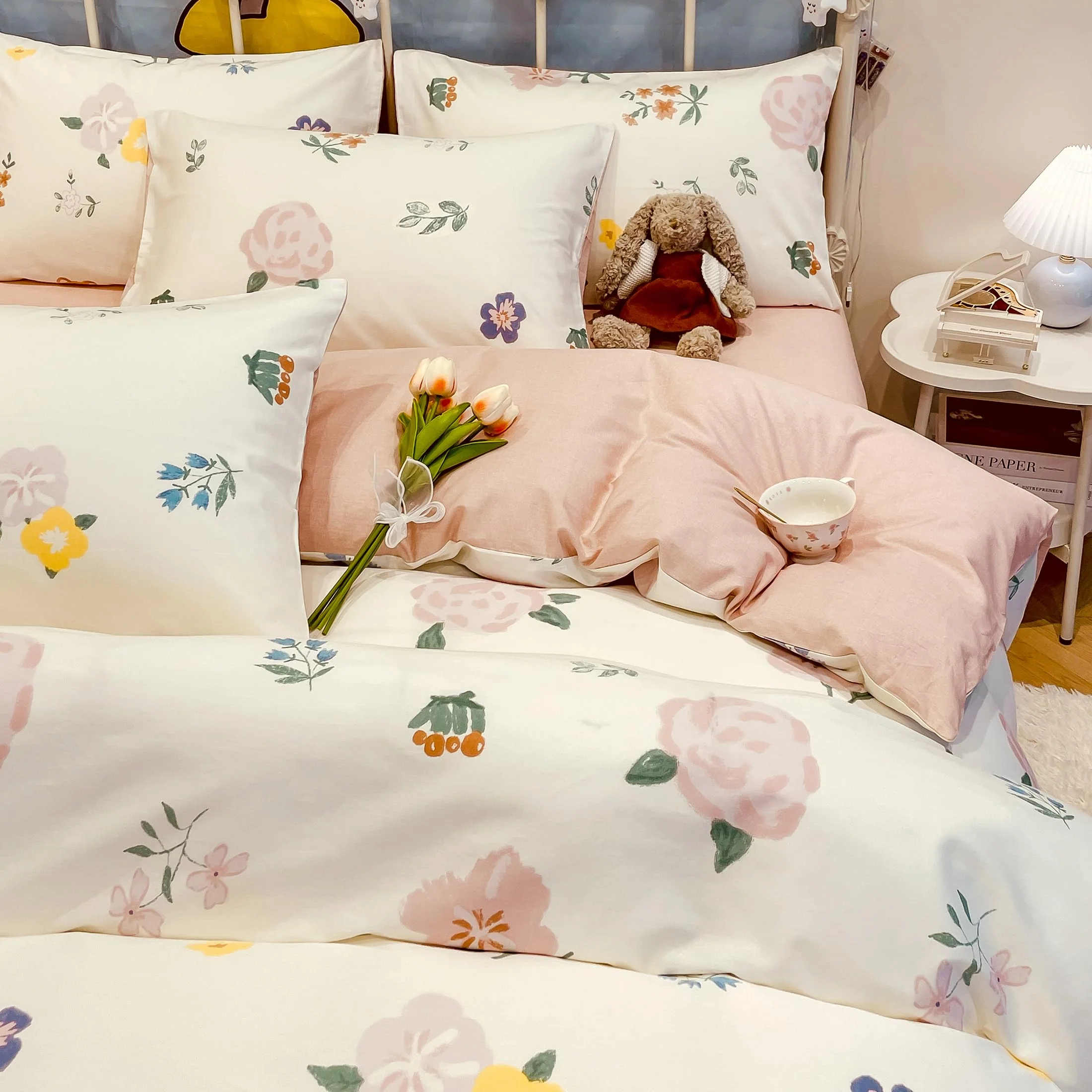 GETIYA Elegant Bunt Blumen Bettwäsche 135x200 Baumwolle Bettwäsche Damen Mädchen Blümchen Bettbezug Einzelbett Weiß Rosa Wendebettwäsche Blume Deckenbezug mit 1 Reißverschluss Kissenbezug 80x80 - Image 5