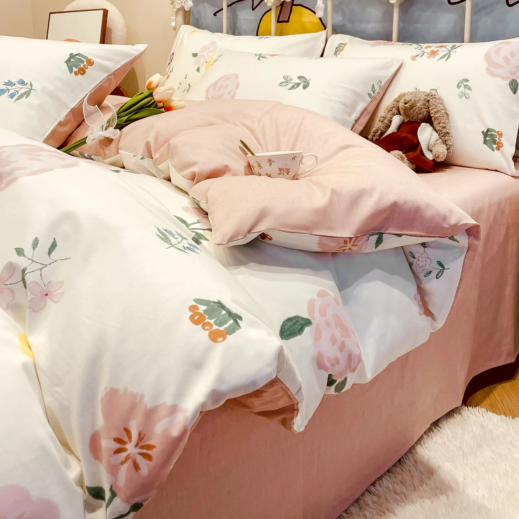 GETIYA Elegant Bunt Blumen Bettwäsche 135x200 Baumwolle Bettwäsche Damen Mädchen Blümchen Bettbezug Einzelbett Weiß Rosa Wendebettwäsche Blume Deckenbezug mit 1 Reißverschluss Kissenbezug 80x80 - Image 7