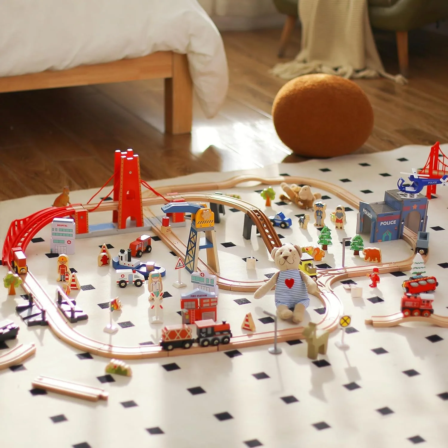 Giant bean Holzeisenbahn Set, 117 Pcs City-Zugset für Kinder Erweiterbares Holzeisenbahn-Set, Kleinkindspielzeug, Geschenk für Jungen und Mädchen ab 3 Jahren - Image 3