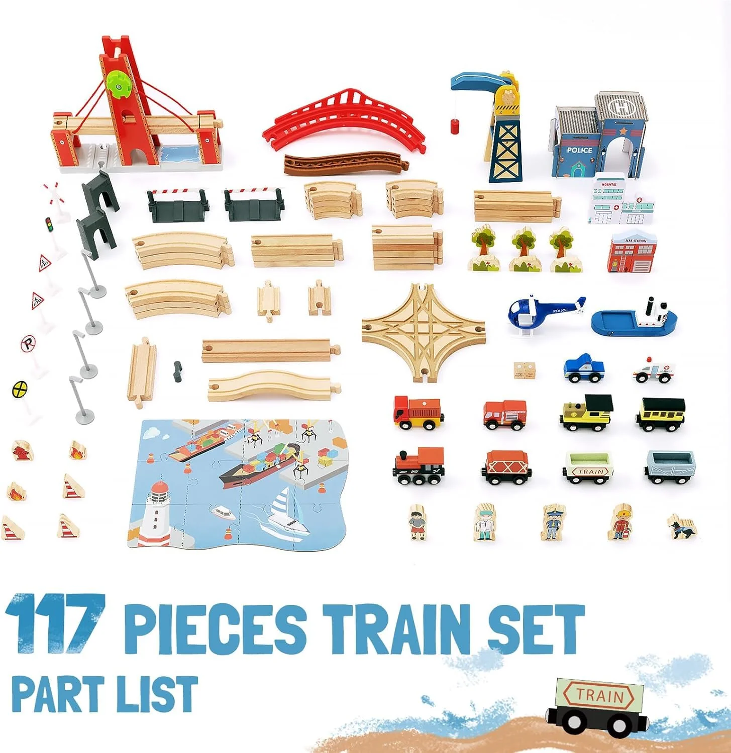 Giant bean Holzeisenbahn Set, 117 Pcs City-Zugset für Kinder Erweiterbares Holzeisenbahn-Set, Kleinkindspielzeug, Geschenk für Jungen und Mädchen ab 3 Jahren - Image 6