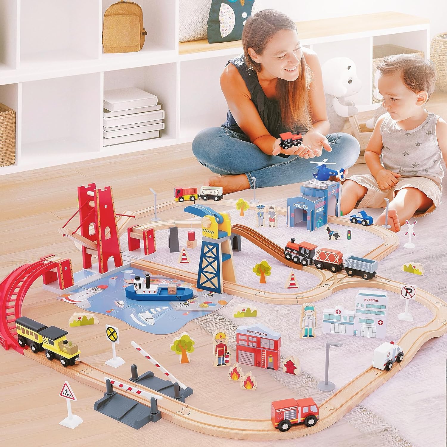 Giant bean Holzeisenbahn Set, 117 Pcs City-Zugset für Kinder Erweiterbares Holzeisenbahn-Set, Kleinkindspielzeug, Geschenk für Jungen und Mädchen ab 3 Jahren - Image 9