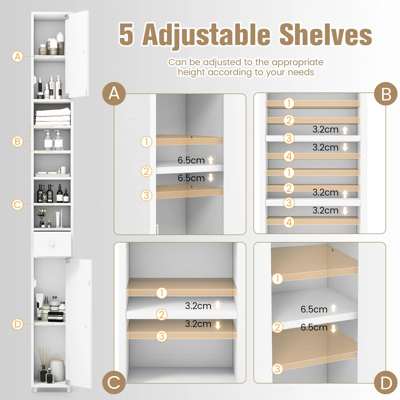 GIANTEX Badschrank Hochschrank, 20 x 20 x 180 cm, Badezimmerschrank Schmal mit Schublade, 2 Türen & 5 offenen Ablagen, Schrank fürs Badezimmer & Wohnzimemr (Weiß) - Image 3