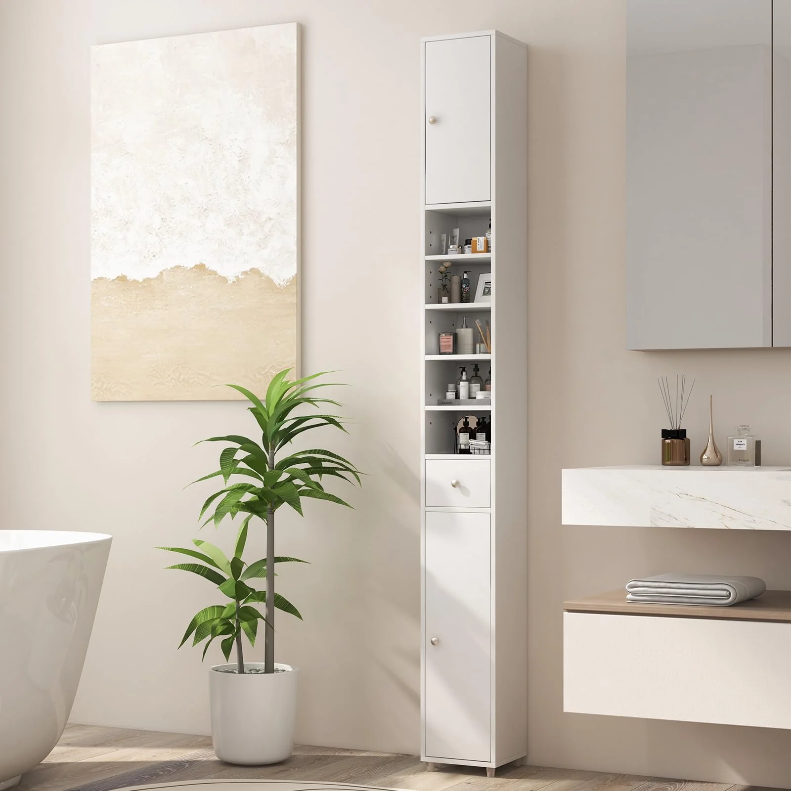 GIANTEX Badschrank Hochschrank, 20 x 20 x 180 cm, Badezimmerschrank Schmal mit Schublade, 2 Türen & 5 offenen Ablagen, Schrank fürs Badezimmer & Wohnzimemr (Weiß) - Image 7