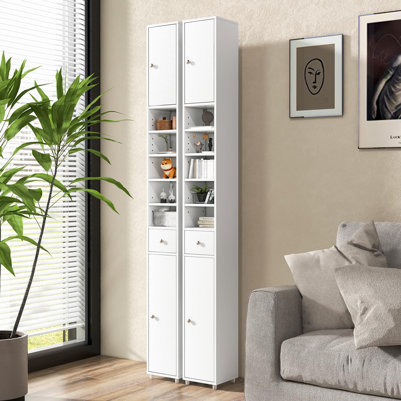 GIANTEX Badschrank Hochschrank, 20 x 20 x 180 cm, Badezimmerschrank Schmal mit Schublade, 2 Türen & 5 offenen Ablagen, Schrank fürs Badezimmer & Wohnzimemr (Weiß) - Image 8