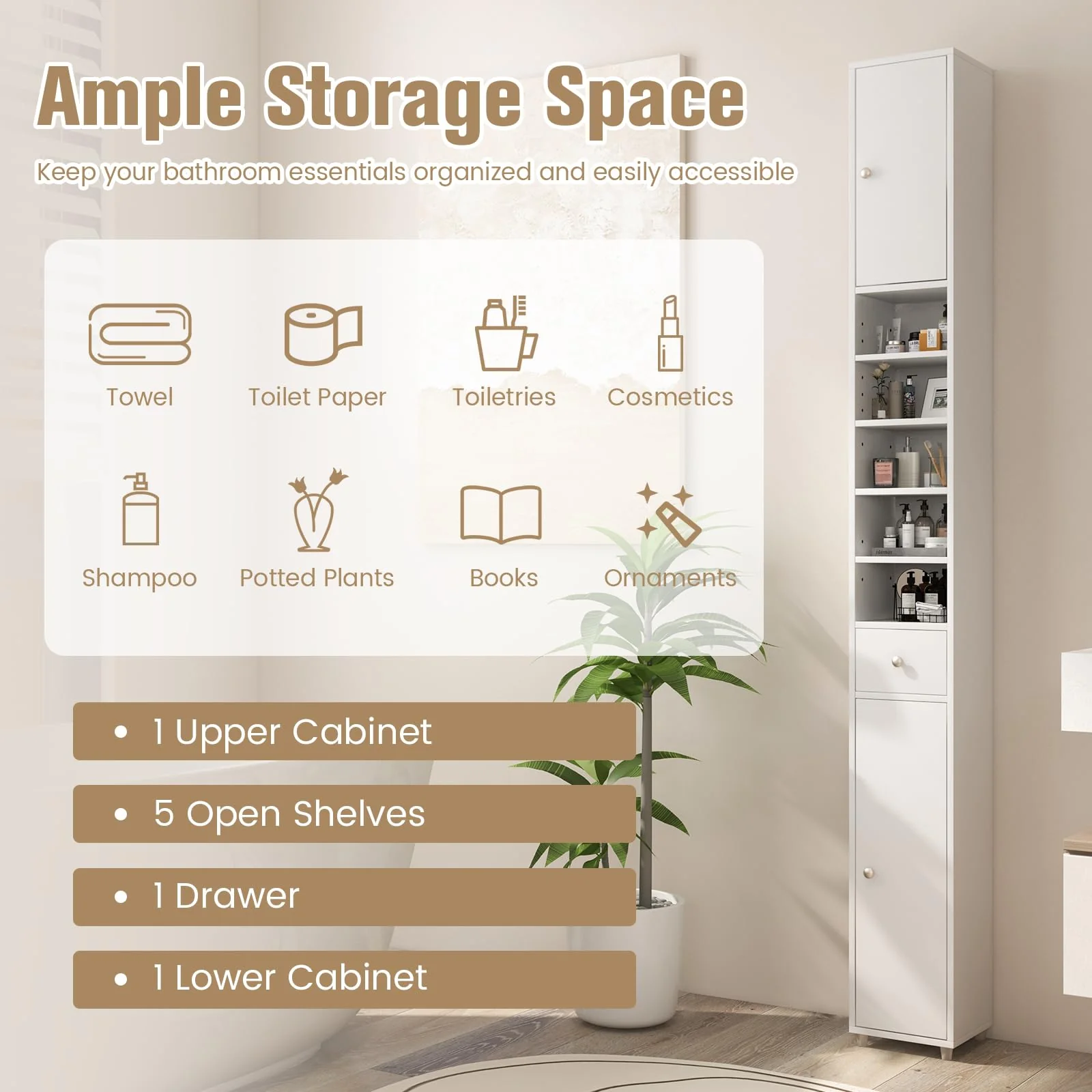 GIANTEX Badschrank Hochschrank, 20 x 20 x 180 cm, Badezimmerschrank Schmal mit Schublade, 2 Türen & 5 offenen Ablagen, Schrank fürs Badezimmer & Wohnzimemr (Weiß) - Image 9