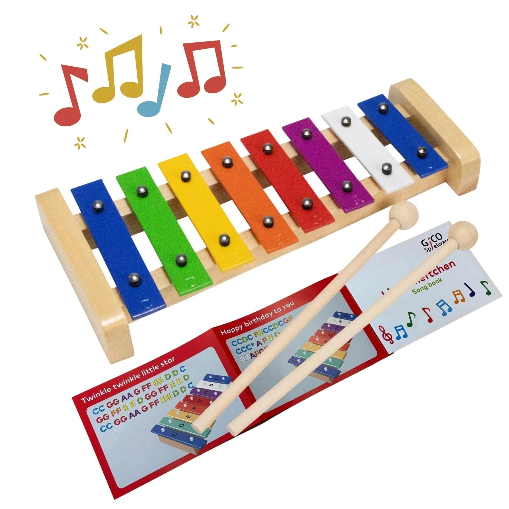 GICO Xylophon aus Holz mit 8 Tönen (C-DUR) für Kinder mit 2 Schlägeln und deutsch, englischem Liederbuch - 3811