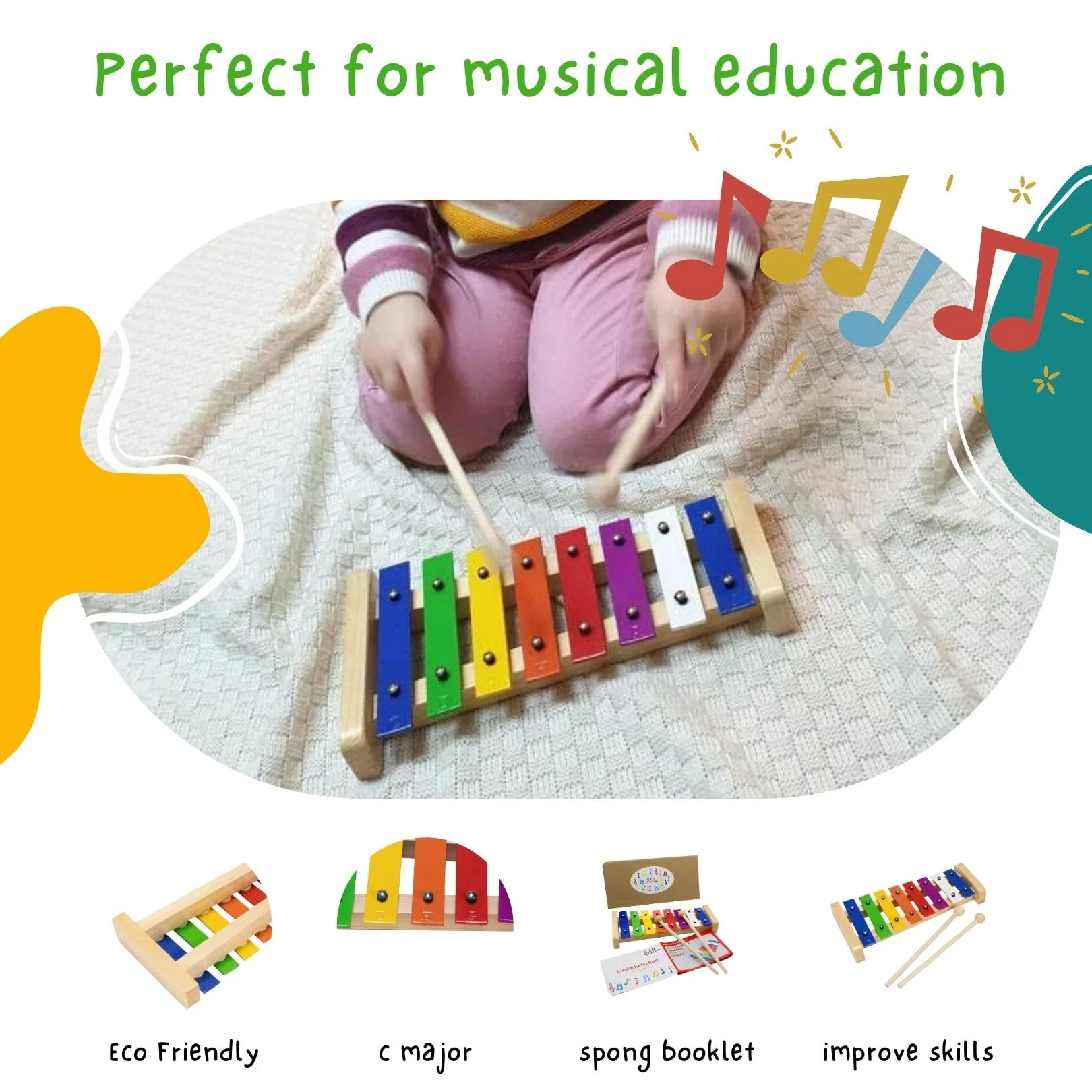 GICO Xylophon aus Holz mit 8 Tönen (C-DUR) für Kinder mit 2 Schlägeln und deutsch, englischem Liederbuch - 3811 - Image 6