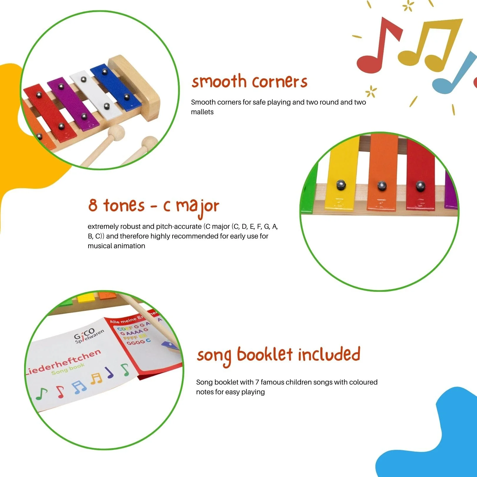 GICO Xylophon aus Holz mit 8 Tönen (C-DUR) für Kinder mit 2 Schlägeln und deutsch, englischem Liederbuch - 3811 - Image 7