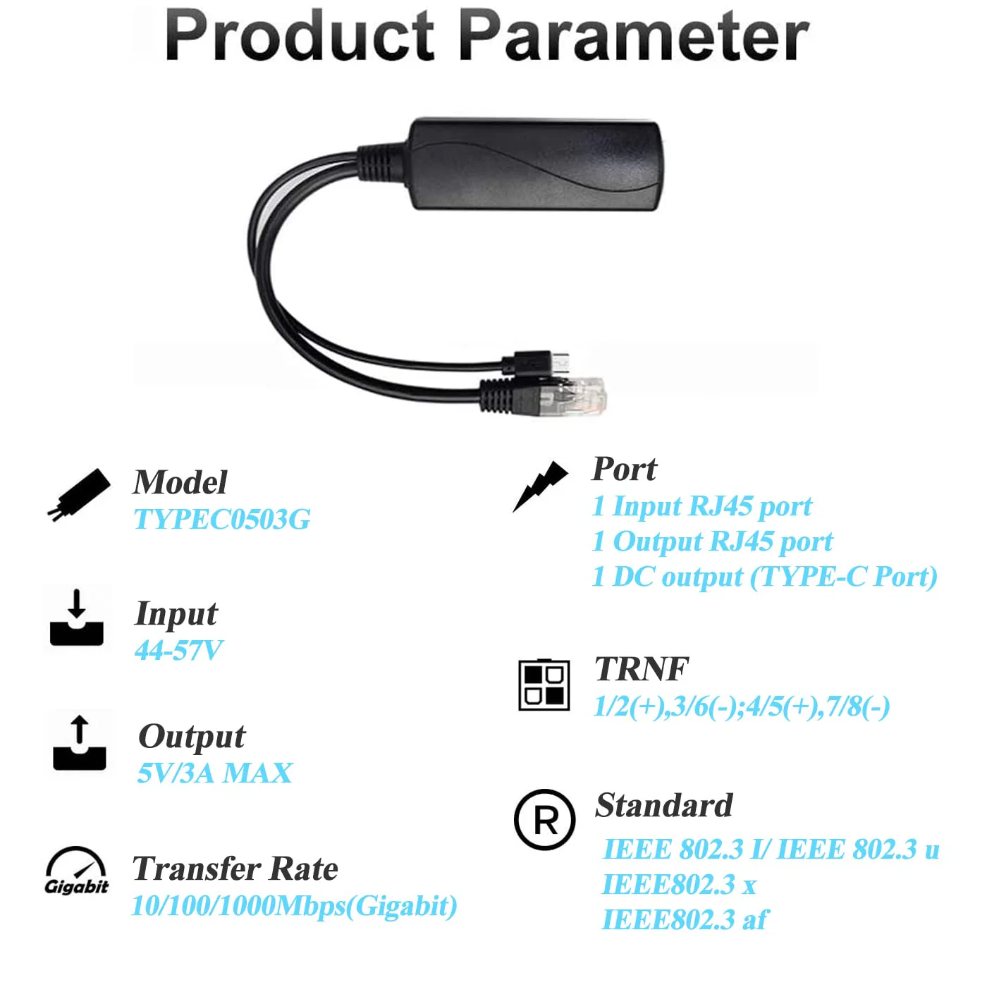 Gigabit Type C PoE Splitter 5V 3A, IEEE 802.3af/at Standard, 10/100/1000Mbps Power Over Ethernet Splitter With RJ45 Port and TypeC Port Splitter Adapter(TYPEC0503G Black) - Image 6