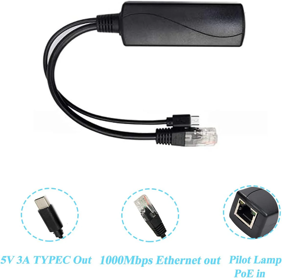 Gigabit Type C PoE Splitter 5V 3A, IEEE 802.3af/at Standard, 10/100/1000Mbps Power Over Ethernet Splitter With RJ45 Port and TypeC Port Splitter Adapter(TYPEC0503G Black) - Image 8