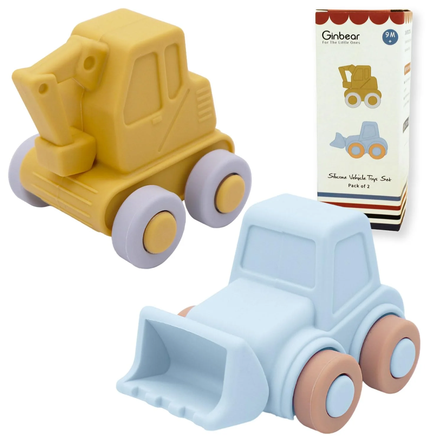 Ginbear Silikon-Spielzeugautos für Babys | Ab 9 Monaten | Weiches Krabbelfahrzeug-Set (12-18 Monate) | Ungiftiges Spielzeug für Kleinkinder 1-3 Jahre | BPA-frei, Lebensmittelecht (Bagger + Bulldozer)