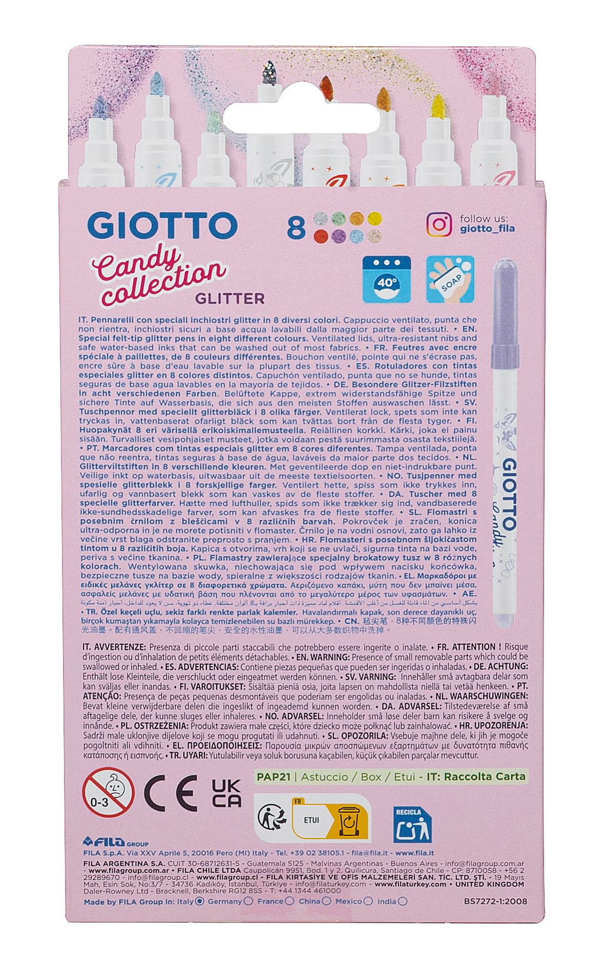 GIOTTO Glitter Candy Collection Filzstifte, 8 Glitzer-Farben, runde Form - Image 4