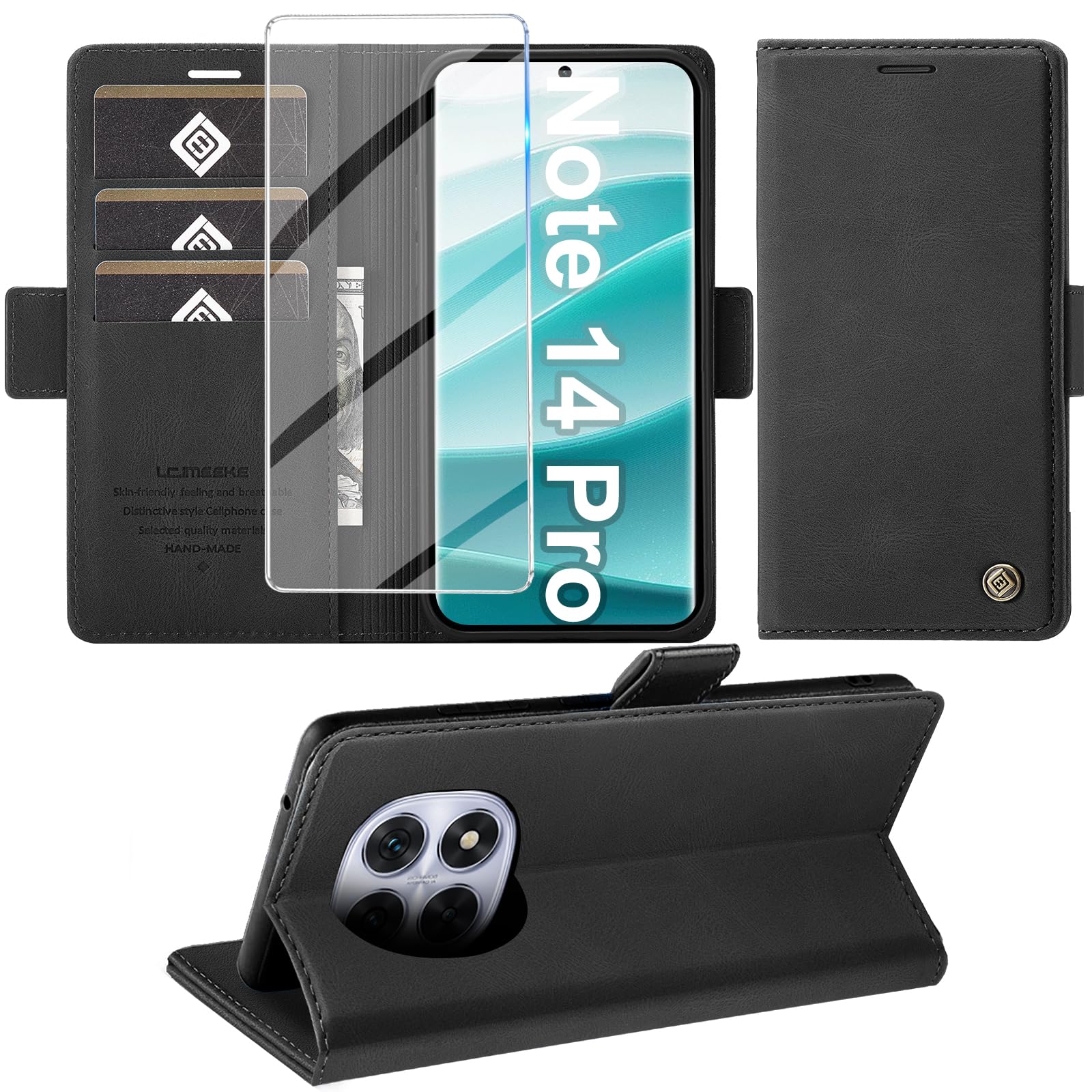 Giyer für Xiaomi Redmi Note 14 Pro Hülle mit Schutzfolie, Handyhülle Redmi Note 14 Pro 5G PU Leder Wallet Flip Case, Schutzhülle Redmi Note 14 Pro Klapphülle mit Kartenfach Standfunktion (Schwarz) - Image 4