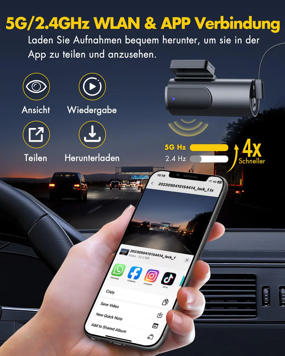 GKU Dashcam Auto Vorne Hinten 4K+1080P, 5GHz WiFi Dash Cam mit 64GB SD Karte, Auto Kamera mit Parküberwachung, Super Nachtsicht, WDR, 170° Weitwinkel, G-Sensor, Loop-Aufnahme, APP Steuerung, Max 256GB - Image 6