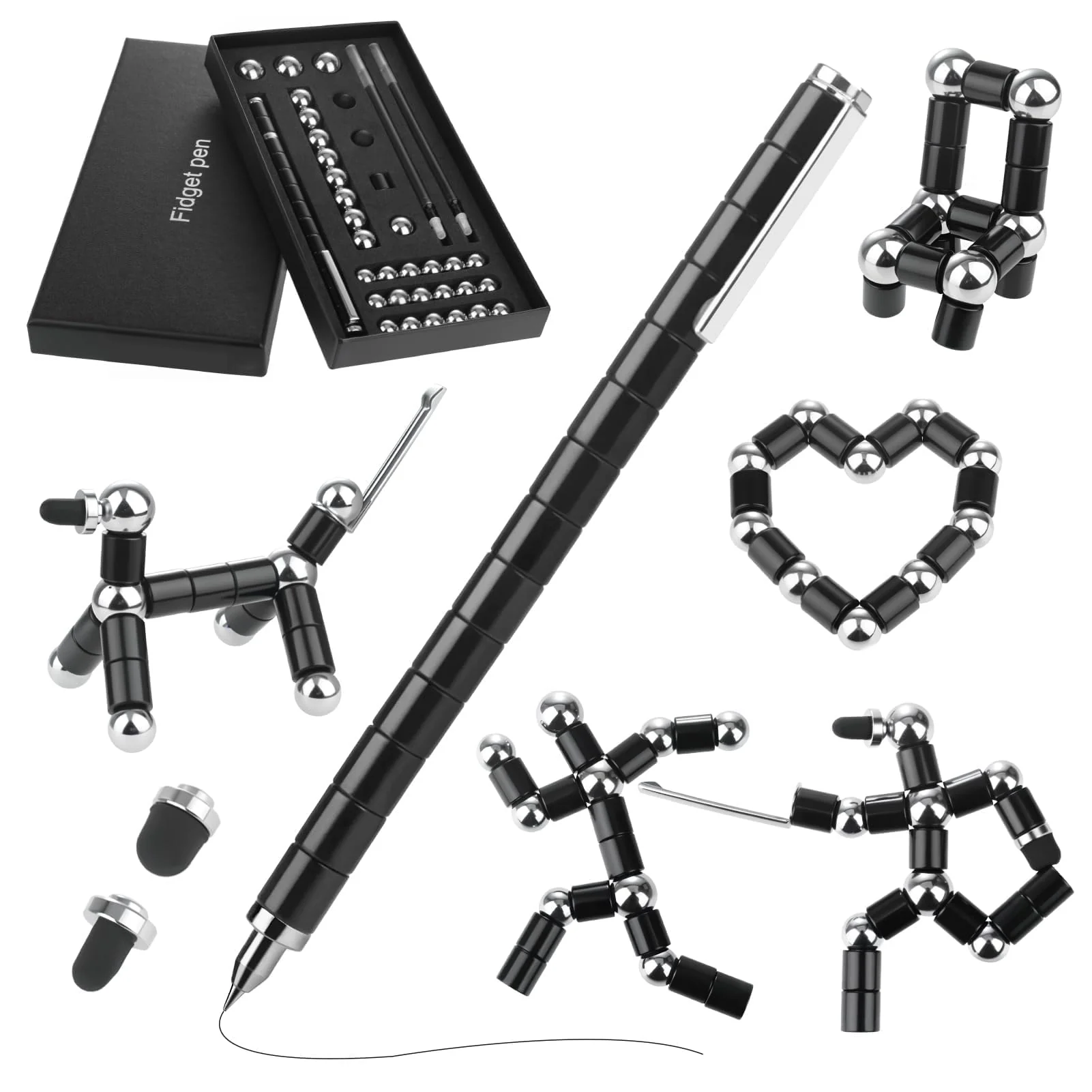 GlasFlength Magnetstift Fidget Pen, Lustige Magnet Stift Schwarz Magnetischer Kugelschreiber Gravity Pen Geschenke Coole Gadgets für Männer Frauen Kinder Teenager Weihnachten Geburtstagsgeschenk