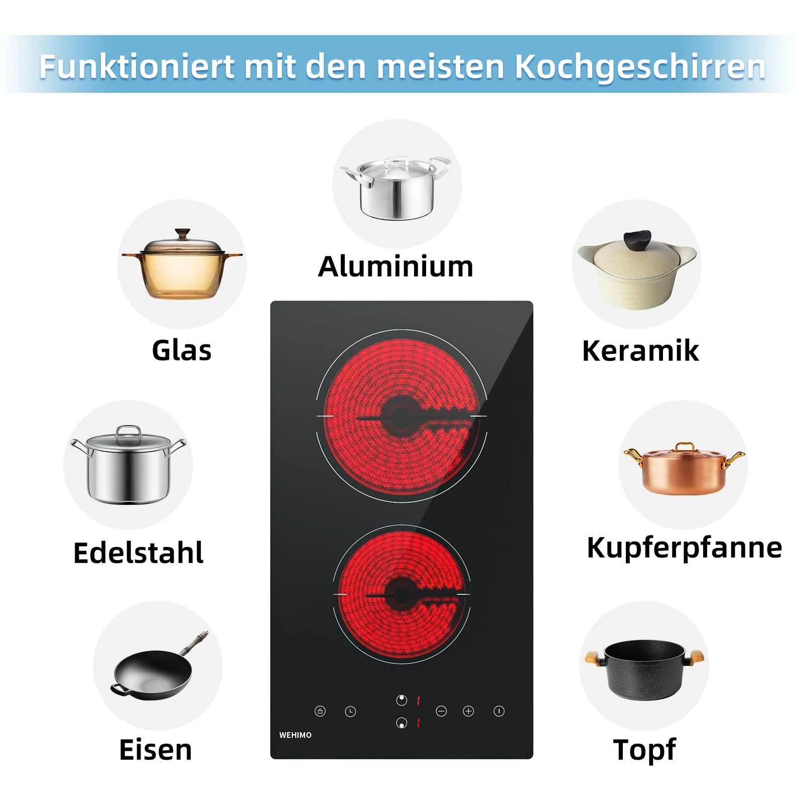 Glaskeramikkochfeld 2 platten, WEHIMO Domino Glaskeramikkochfeld, 29.5cm, 3000W,2 Kochzonen (1800W+1200W), 9 Heizstufen, Berührungssteuerung, Kindersicherung, 1-99min Timer, Geeignet für Alle Töpfe - Image 2