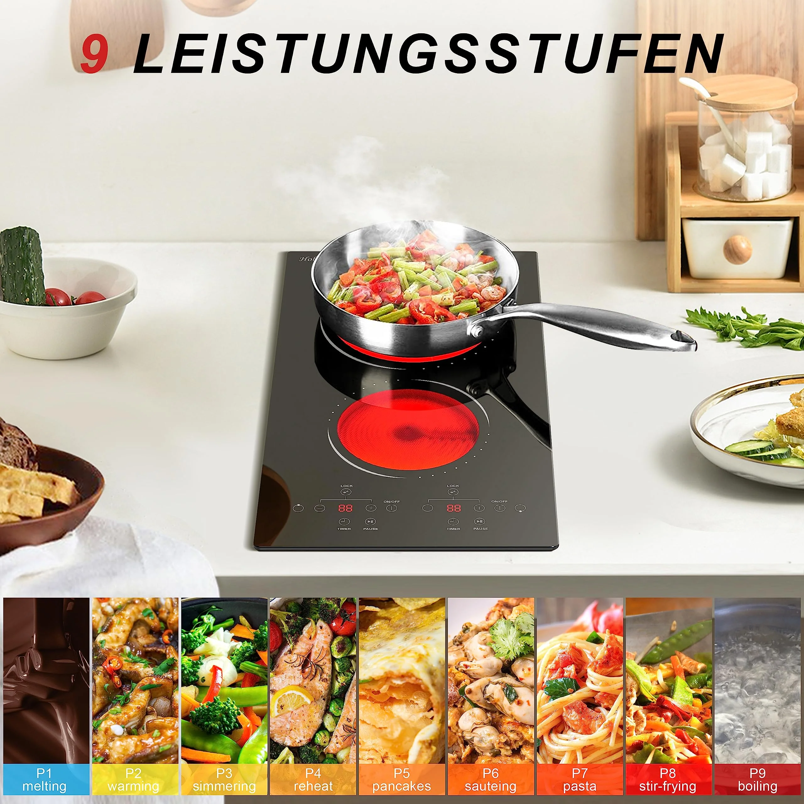 Glaskeramikkochfeld 2 Zonen mit Stecker, Hobsir Einbau Kochfelder 30cm, 3000W, Touch-Steuerung, Doppelte Zone, 9 Heizstufen, Sicherheitssperre, Zeitschaltuhr - Image 4